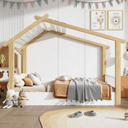 Wooden Bed, House Design Single with Slatted Frame, Pine & MDF White & Natural