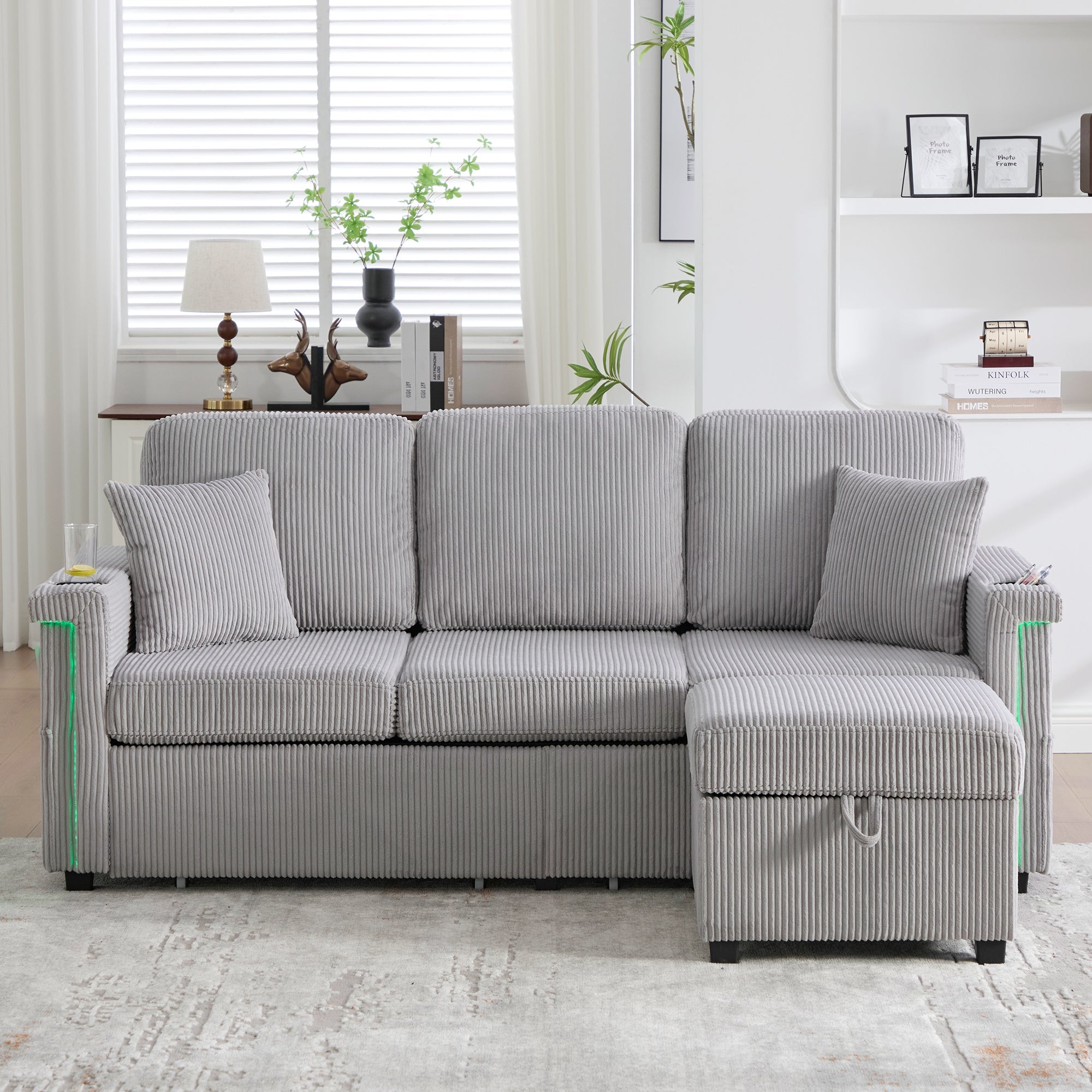 Velvet Sofa, LED, USB-C, Storage Ottoman, Cup Holders, Side Pockets - Light Gray