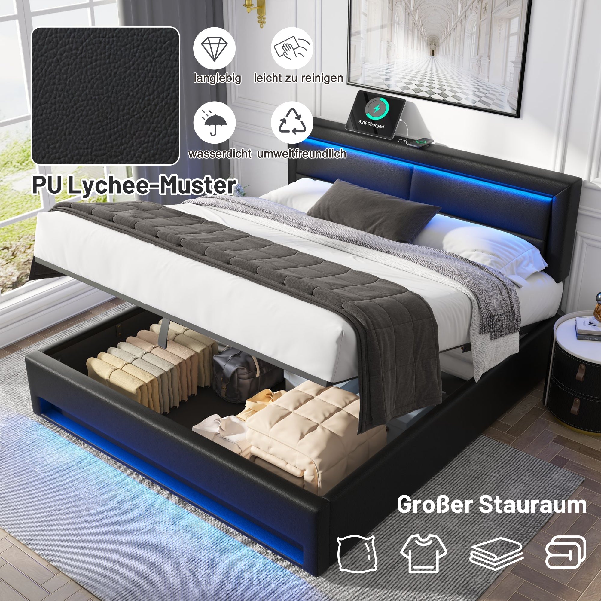 Upholstered Bed with USB, LED and Storage, 160x200cm, Black PU Lychee Pattern