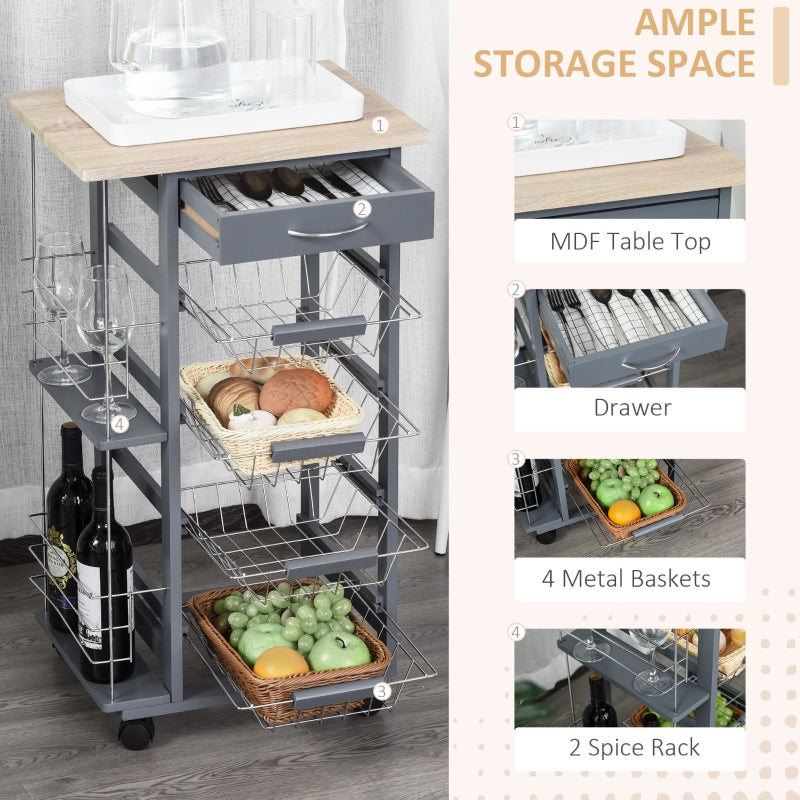 Rolling Kitchen Cart, 4 Basket Drawers Side Racks Wheels, Grey