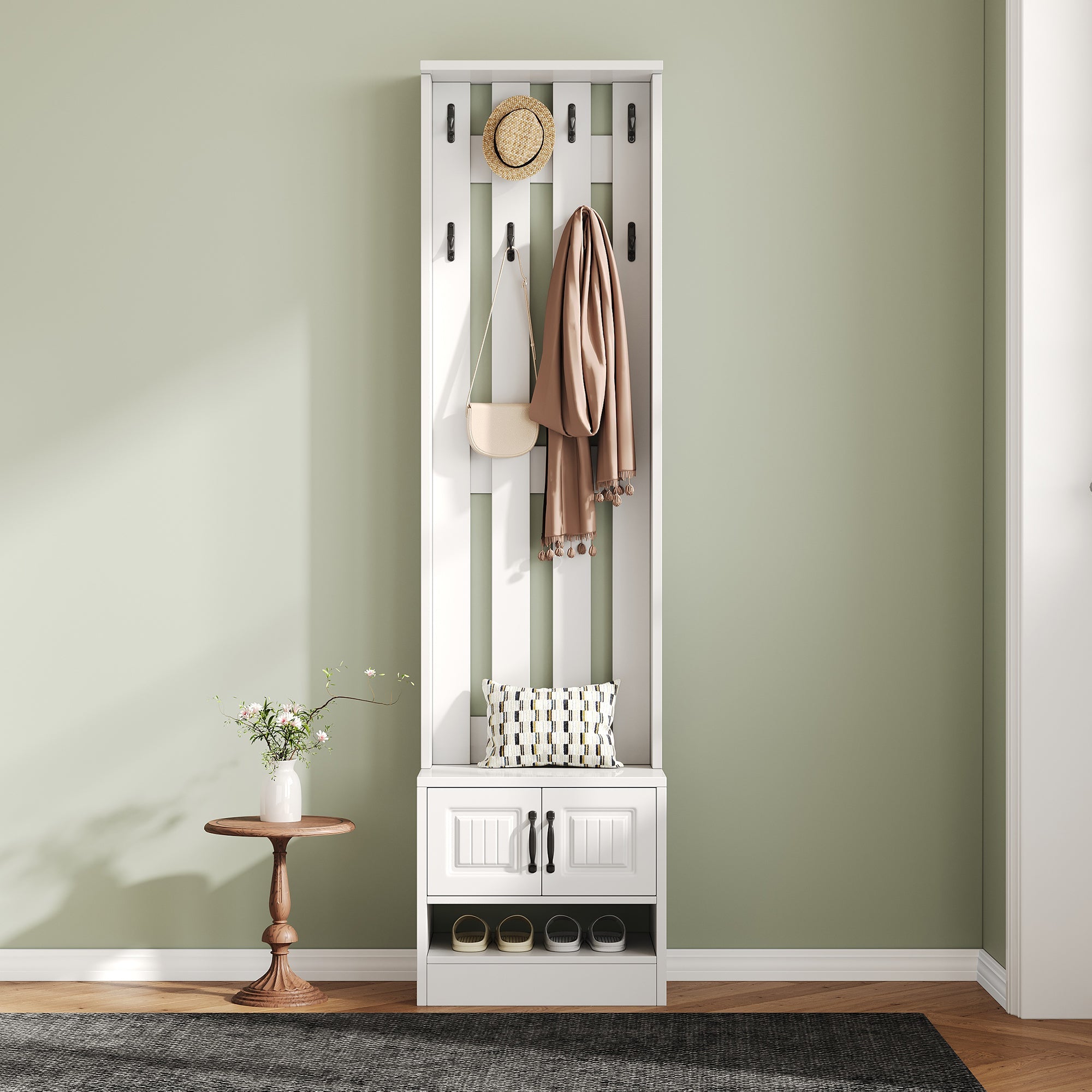 Shoe Cabinet Hallway Furniture with 2 Doors and 8 Hooks, W50/D36/H190cm, White