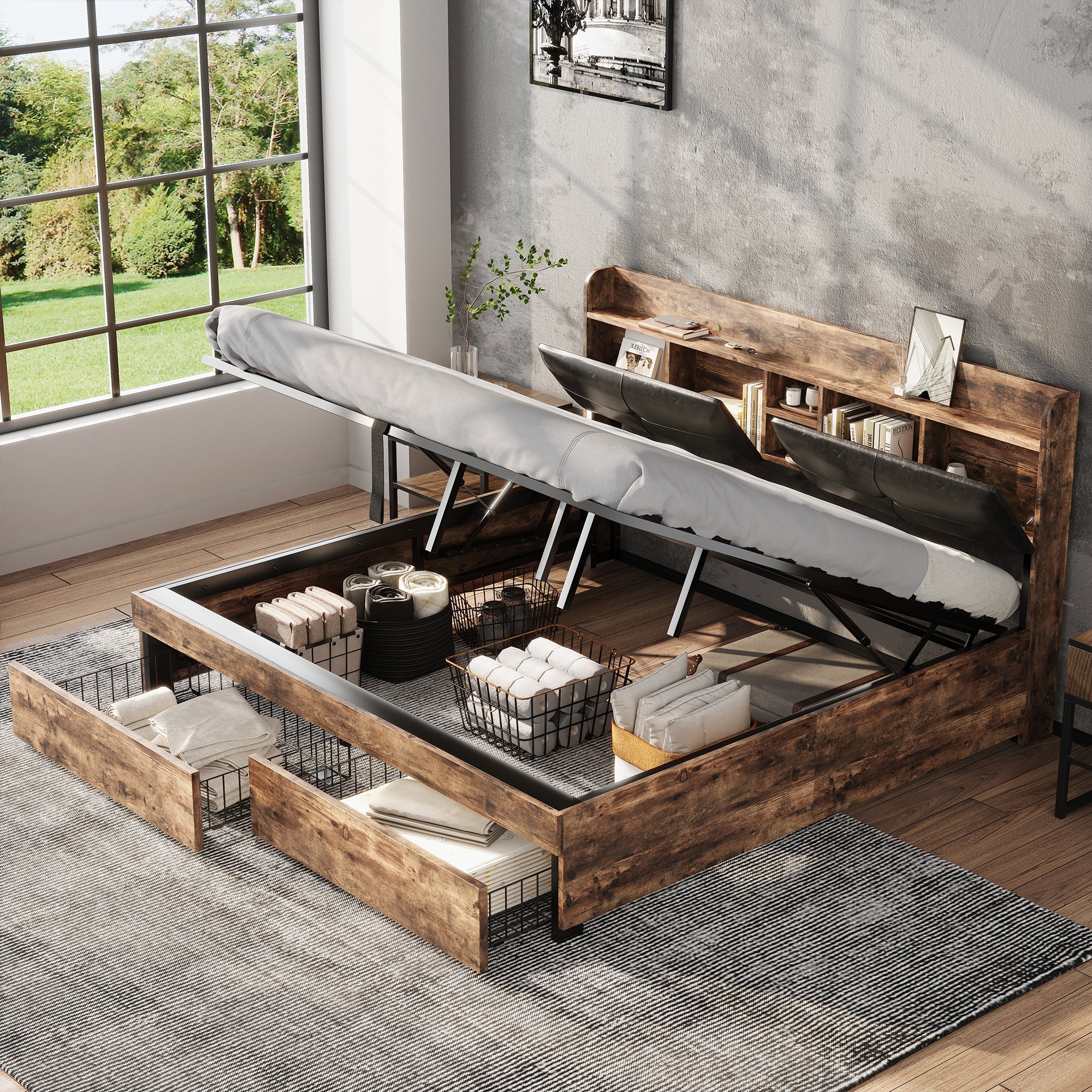 Hydraulic Metal Double Bed with Storage Headboard and Slatted Base, 180x200cm, Wood Color and Black