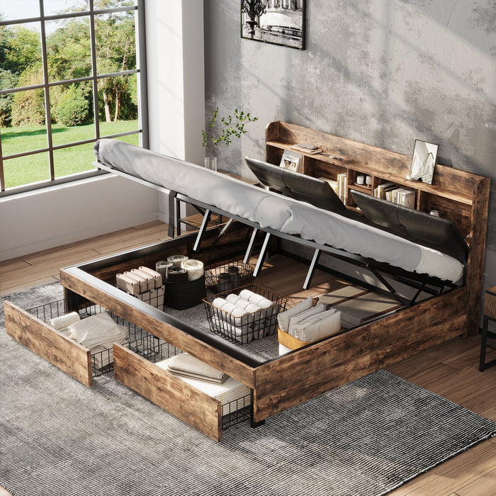 Hydraulic Metal Double Bed with Storage Headboard and Slatted Base, 180x200cm, Wood Color and Black