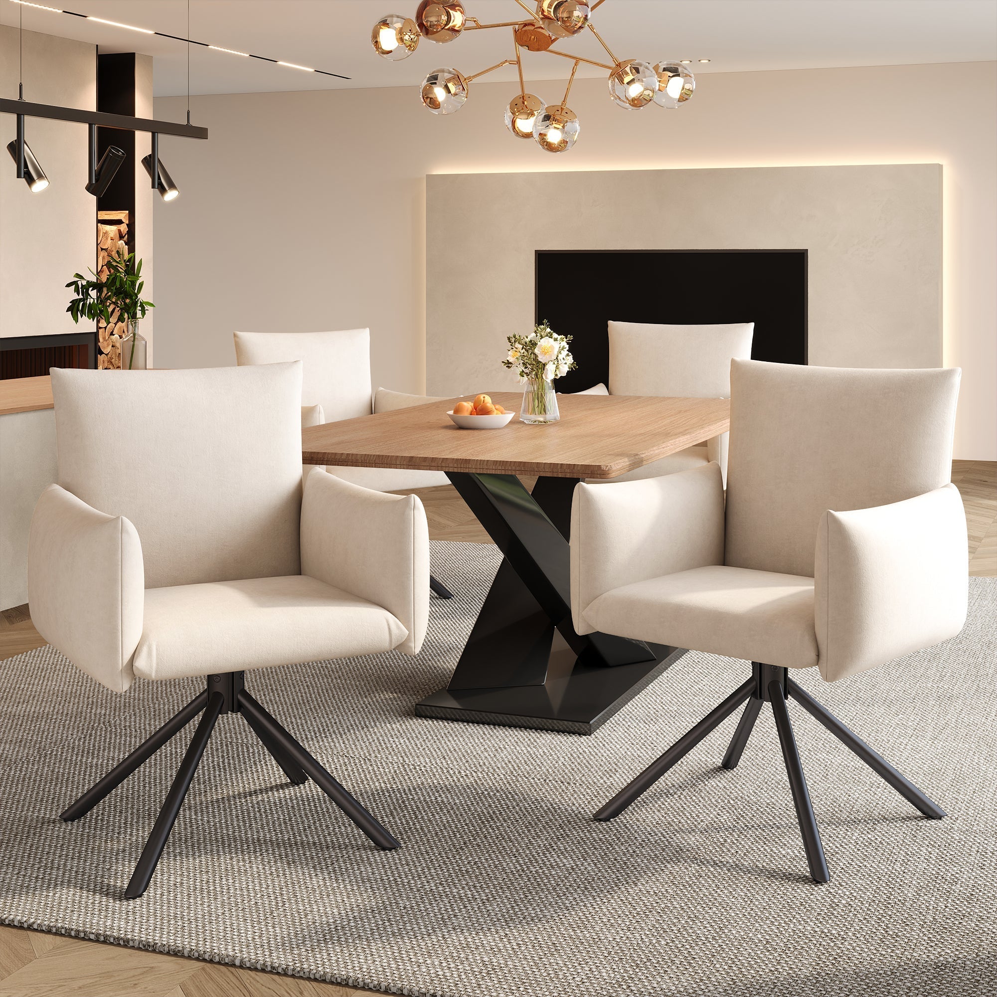Dining Swivel Armchair Set of 6, Upholstered 360° Metal Legs Lumbar Support - Velvet Beige