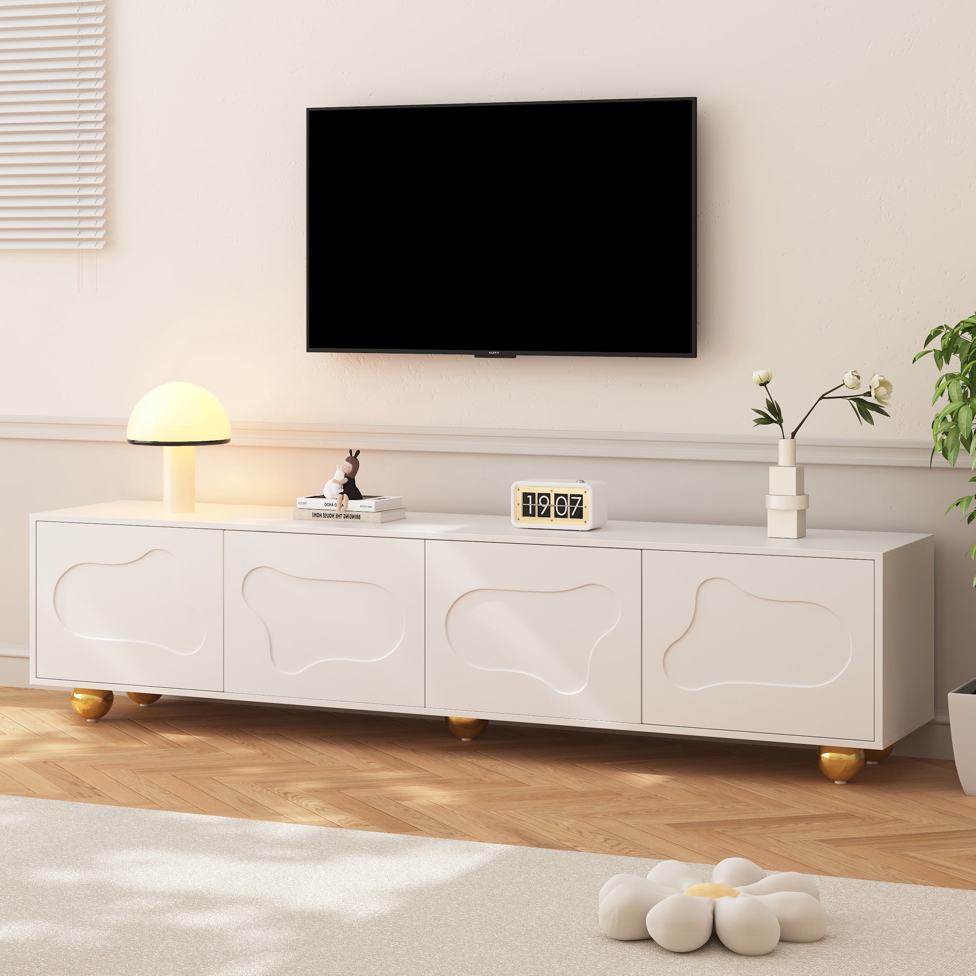 TV Cabinet, Cloud-Shaped Lowboard with 2 Cabinets, 75-inch