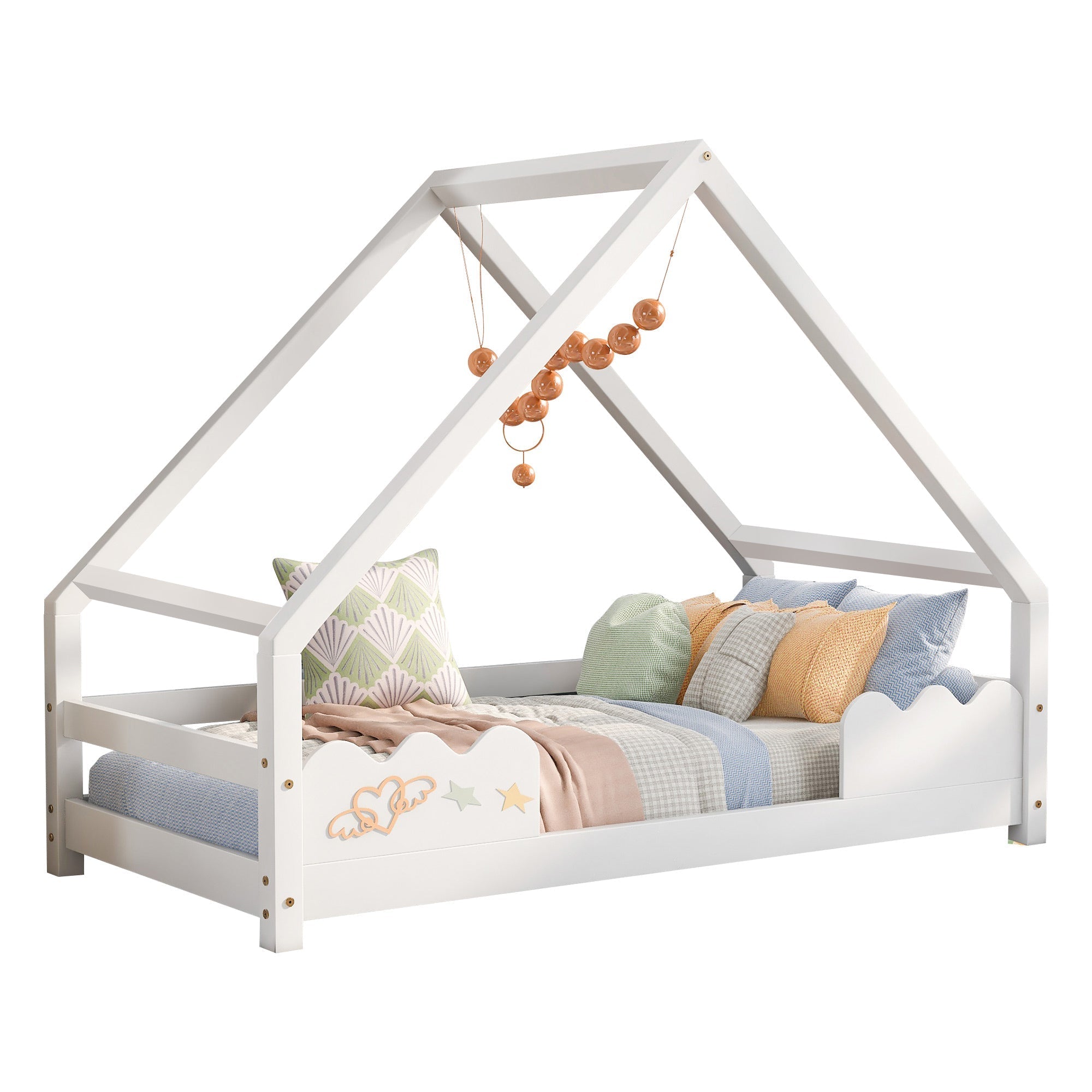 Children's House Bed 90x200cm with Fall Protection, Solid Pine Wood, White