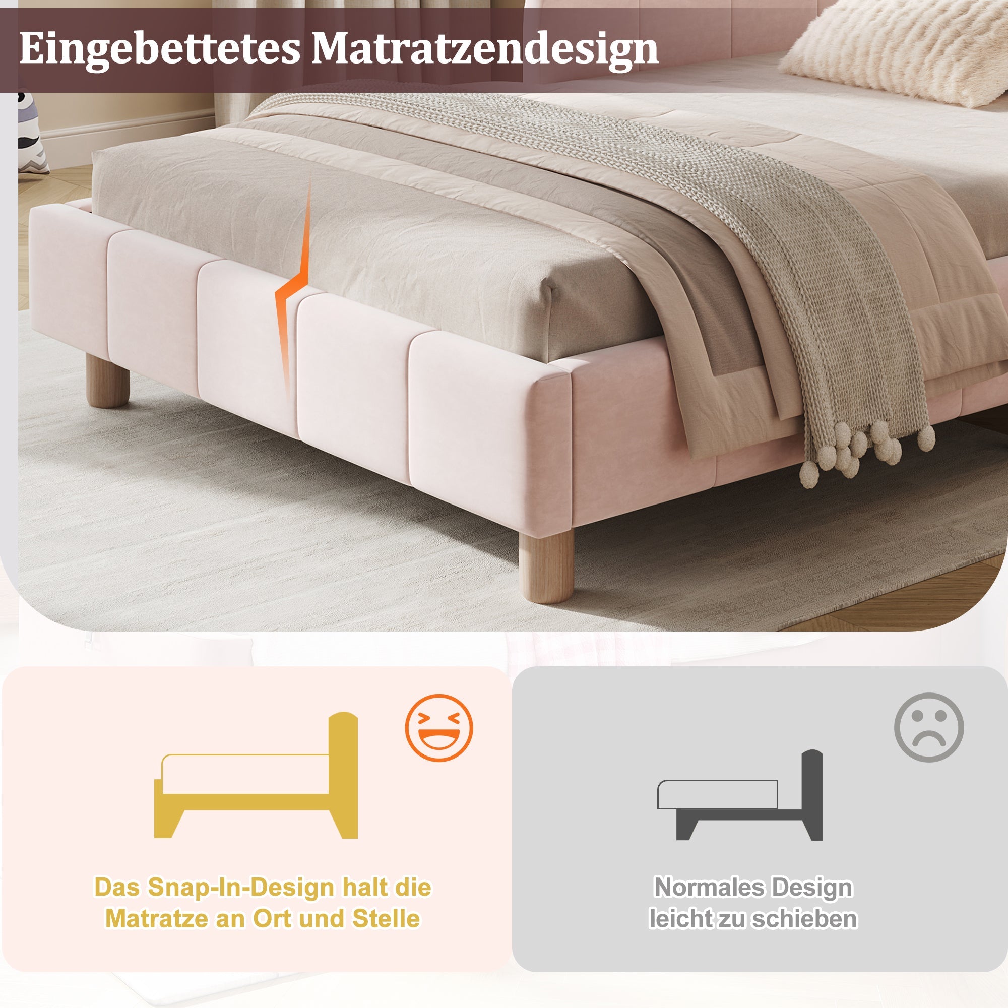 Upholstered Children's Single Bed with Headboard and Safety Rail, 90x200cm, Pink Velvet