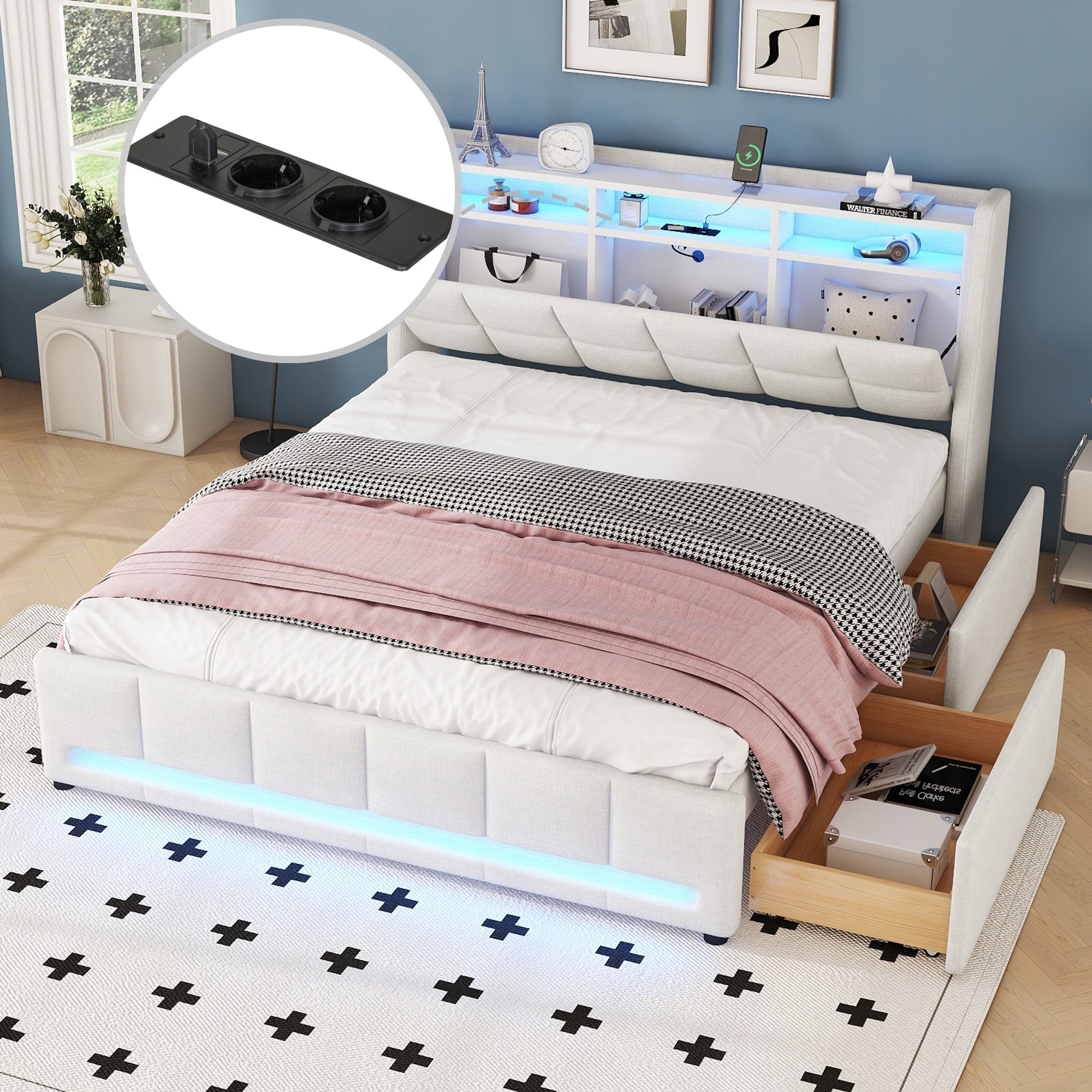 Upholstered Bed 160x200cm LED App Control Drawers USB Storage - Linen Beige