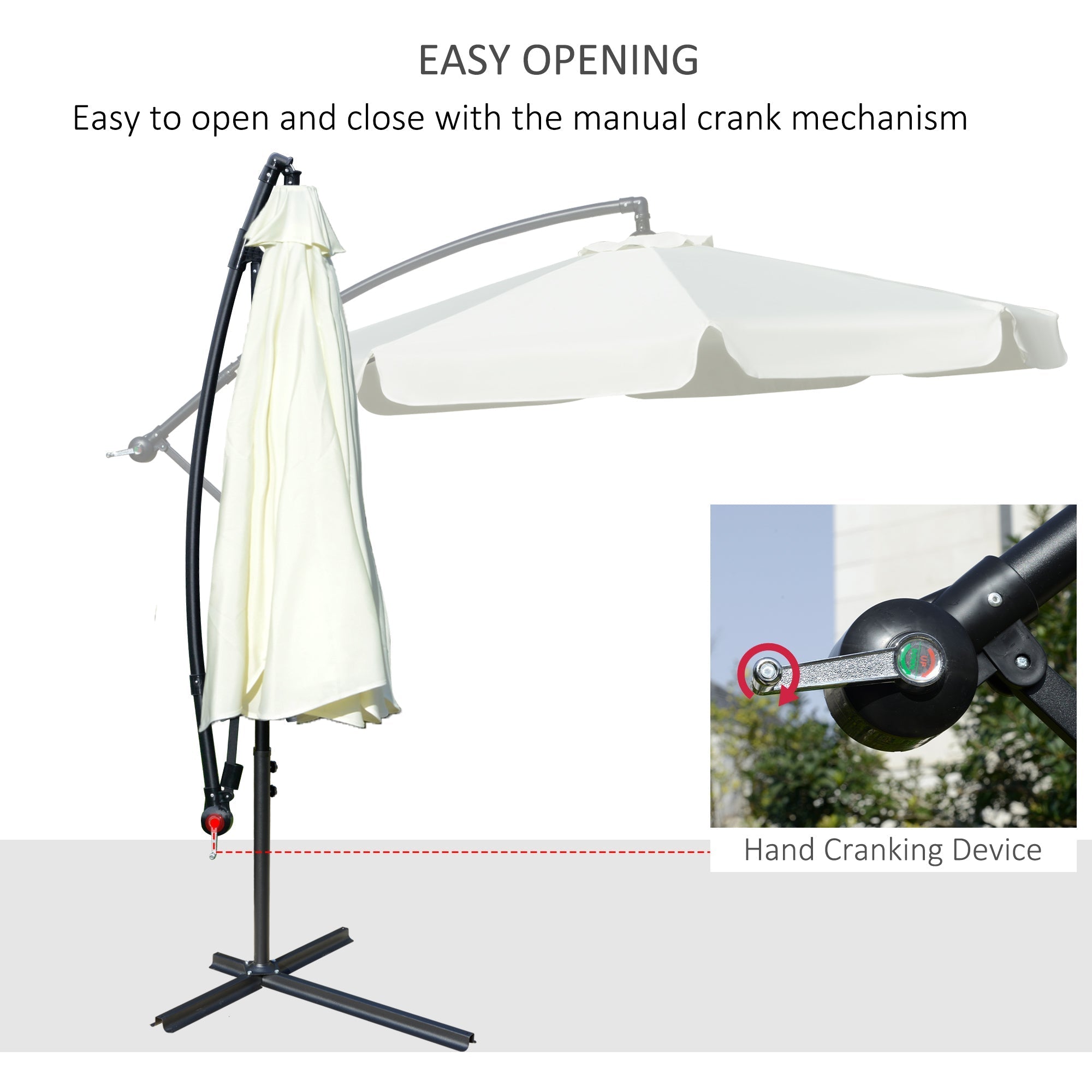 Banana Parasol Cantilever Umbrella 2.7m Crank Handle Cross Base, Cream White