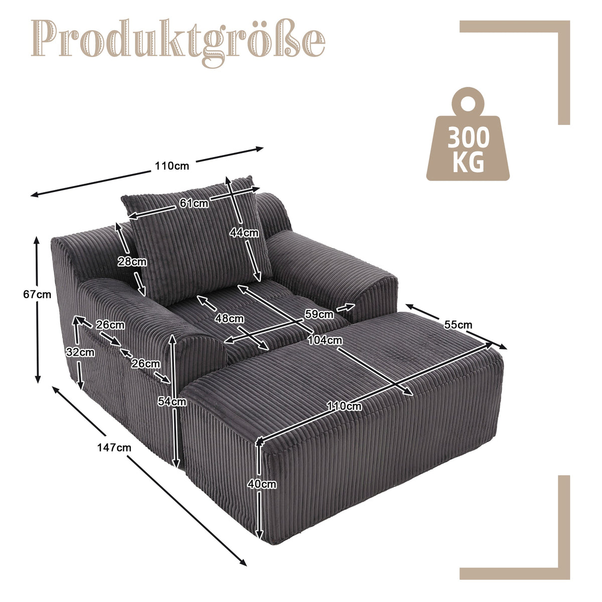 Oversized Sofa Chair Deep Seat Corduroy Upholstered Armchair
