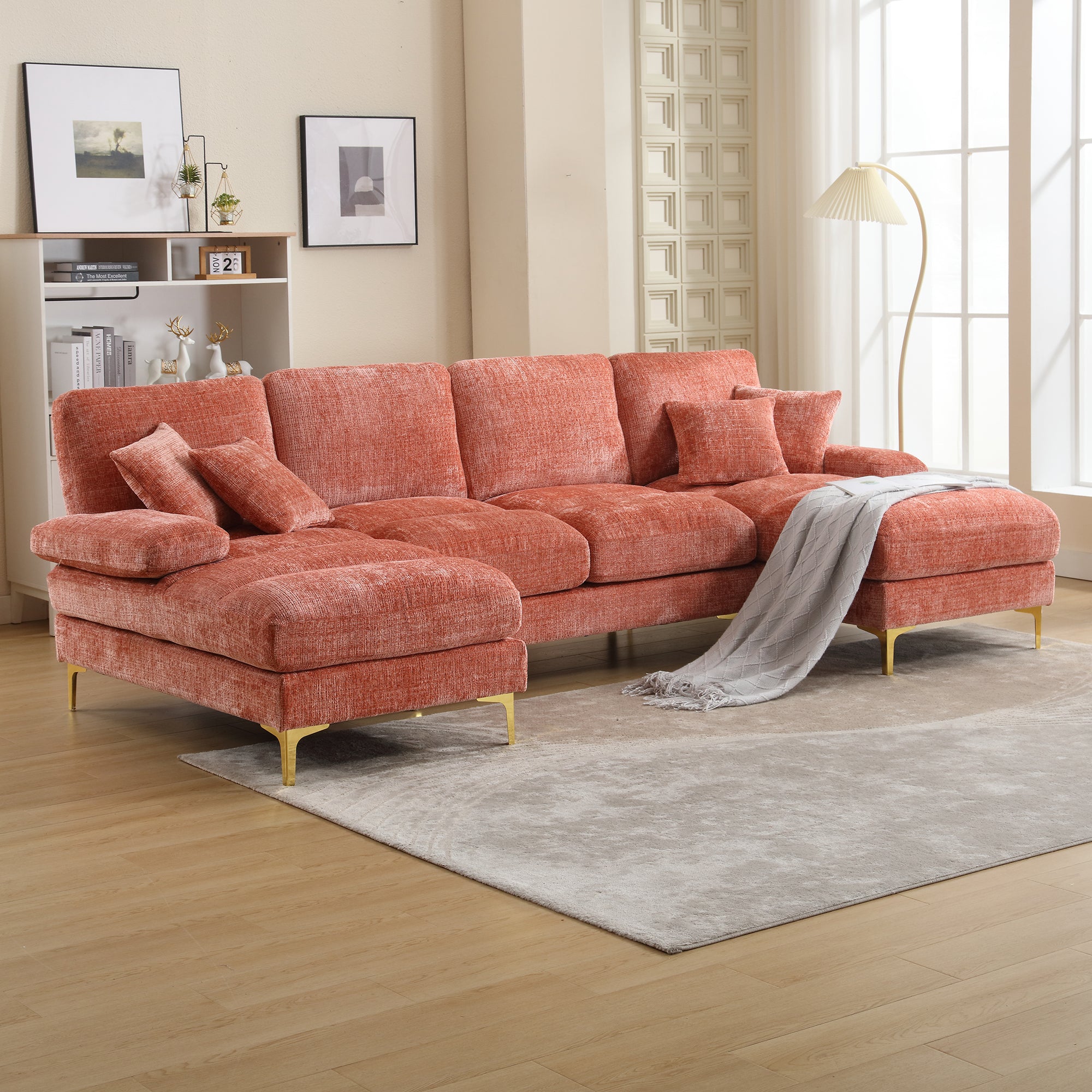 U-Shape Sectional Sofa, Large Double Reclining Seats, Chenille Pink