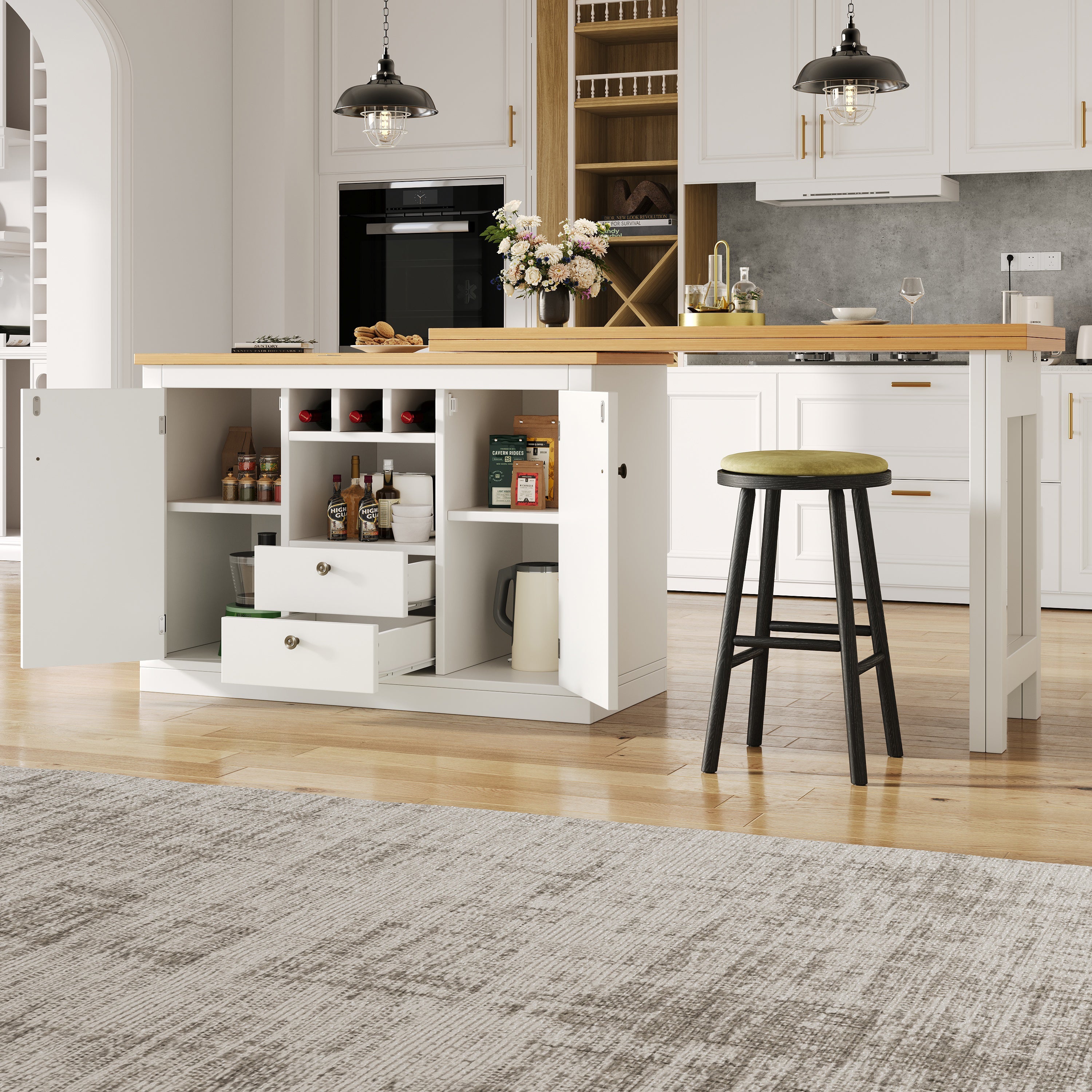Extendable Bar Table with 360 Swivel and Storage, 120-180cm, White and Black
