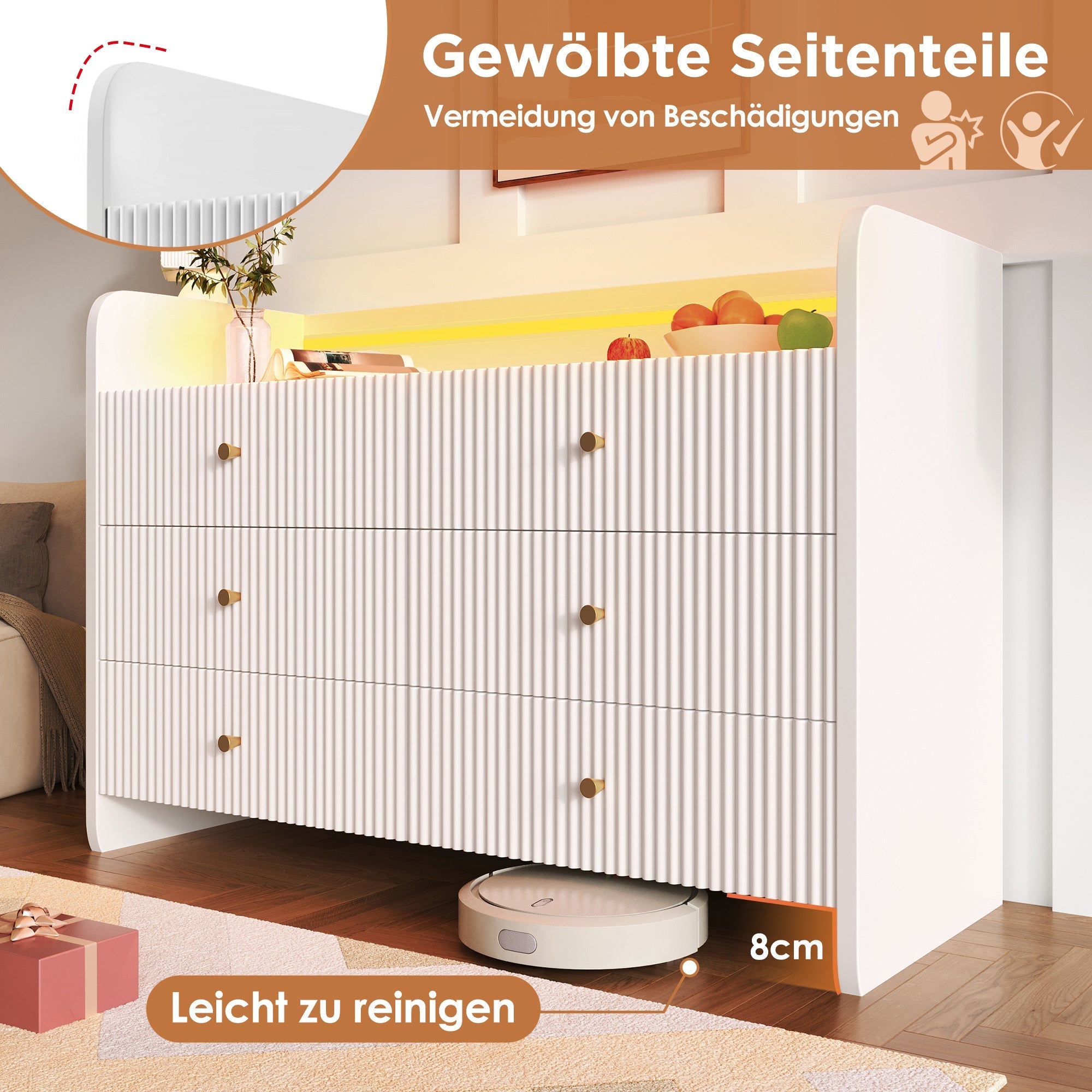 Sideboard, LED Lighting, 6 Drawers, Wave-Shaped Groove, White