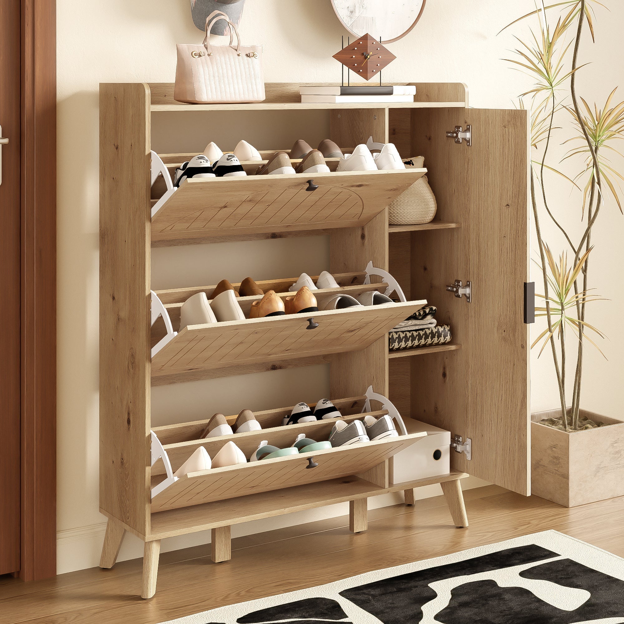 Modern Shoe Cabinet Mirror 3 Flap Doors 110x24x137.5cm
