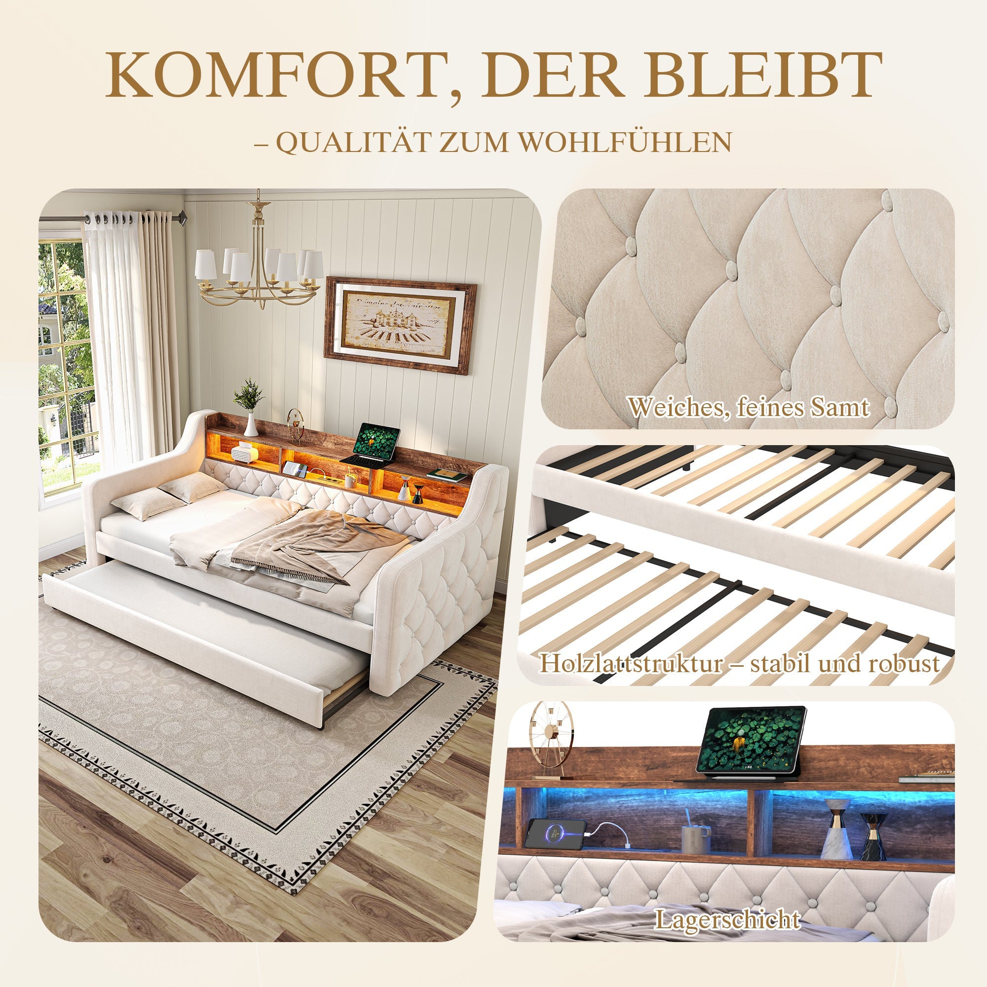Sofa Bed 90x190cm Storage LED USB-C - Beige Velvet