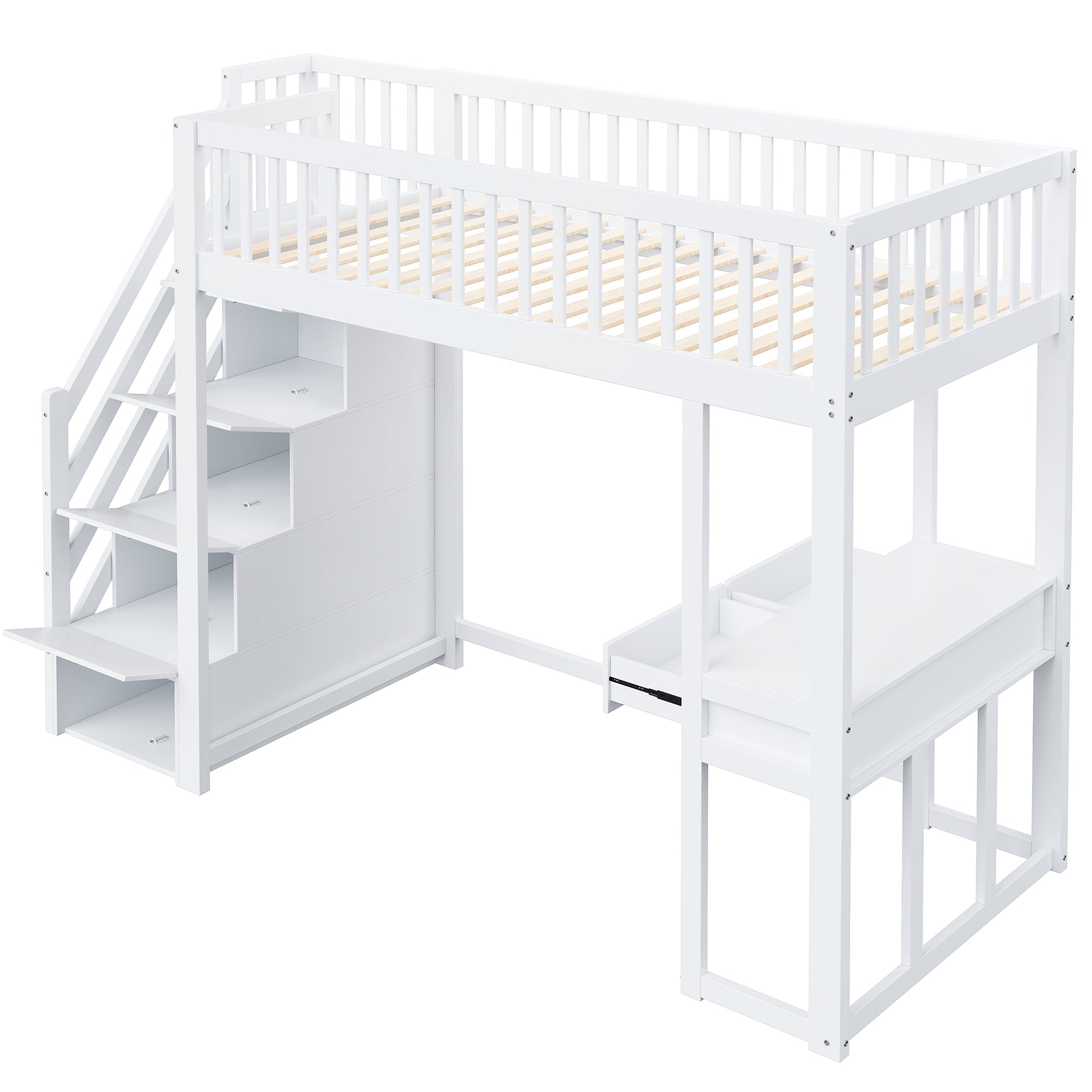 Loft Bed with Multifunctional Table and Storage Stairs, 90x200cm, White Pine Wood