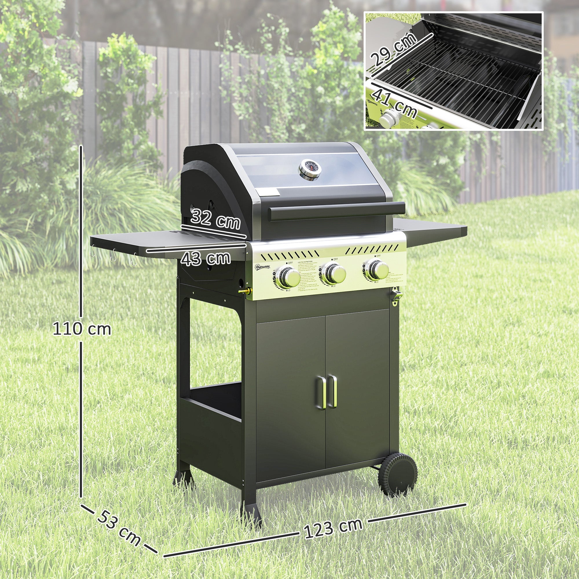 Gas BBQ Grill 7.5kW Three-Burner See-Through Lid Black