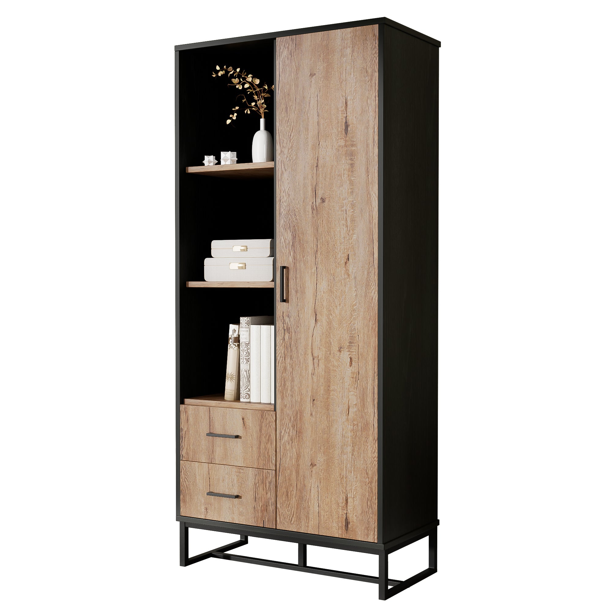 Highboard Cabinet with Door, 2 Drawers & 3 Open Compartments, Wood Look & Black Frame