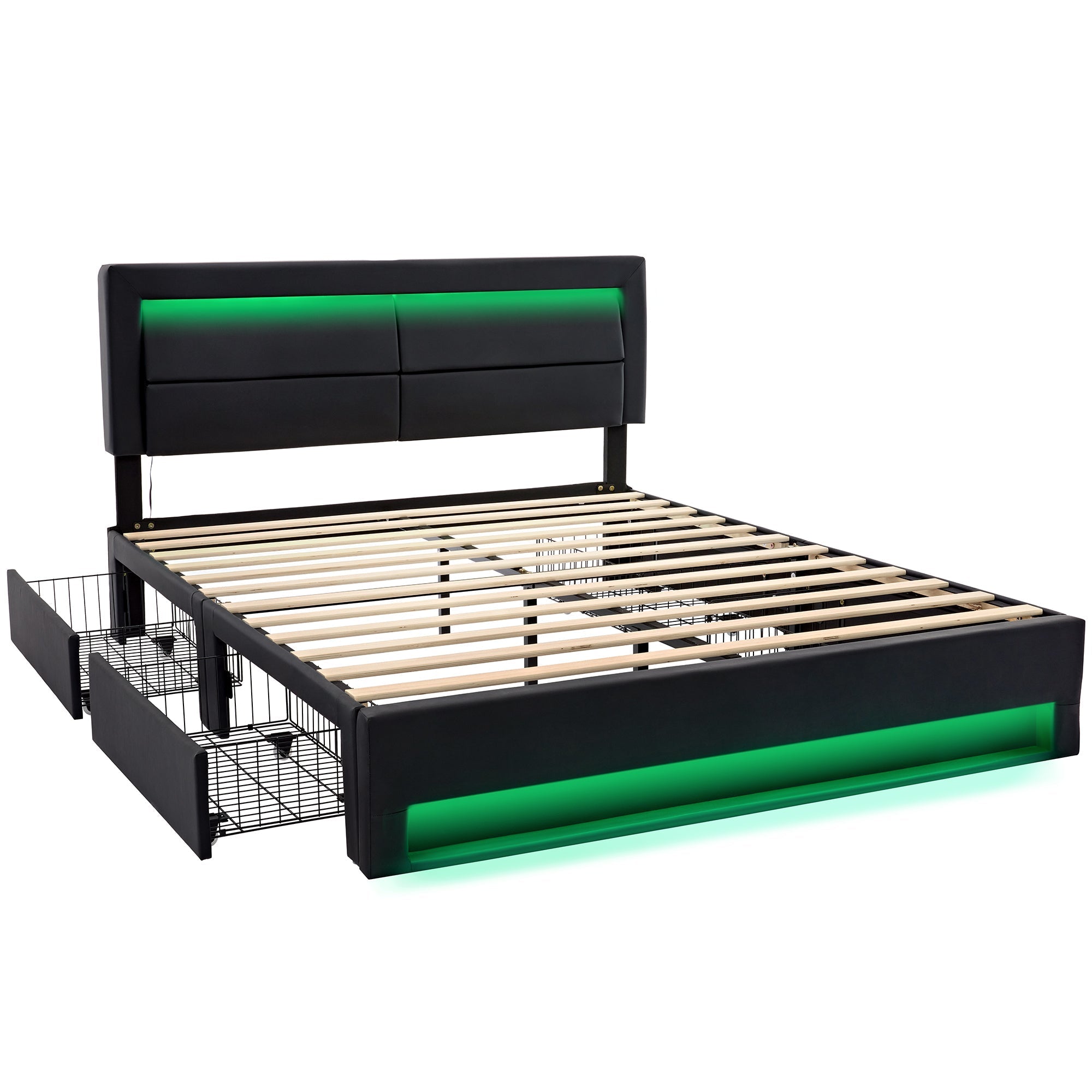 Upholstered Bed with LED Lighting, USB Ports & Storage Drawers, Black