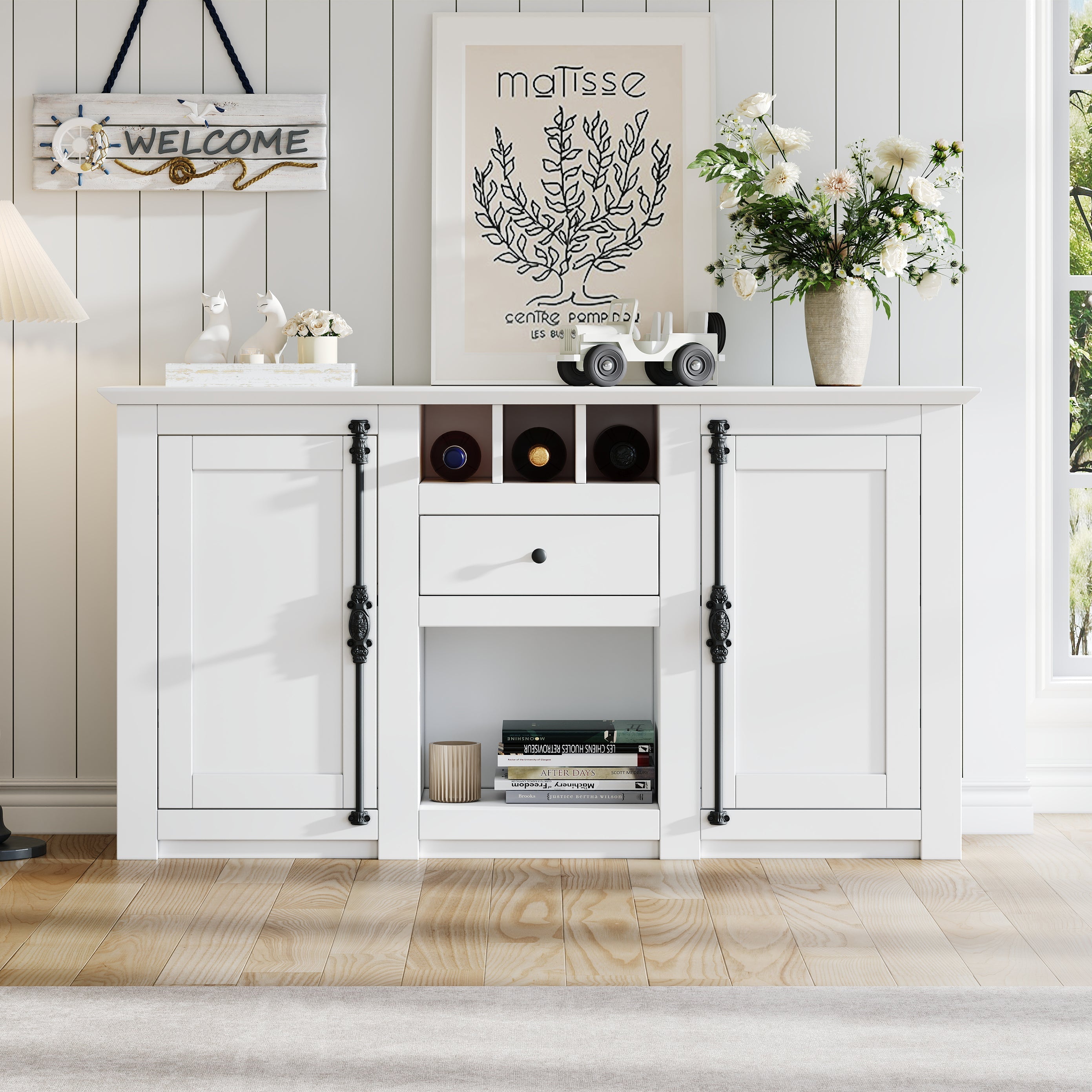 Living Room Cabinet Sideboard, 2 Doors, 1 Drawer, 3 Wine Racks, 130cm, White