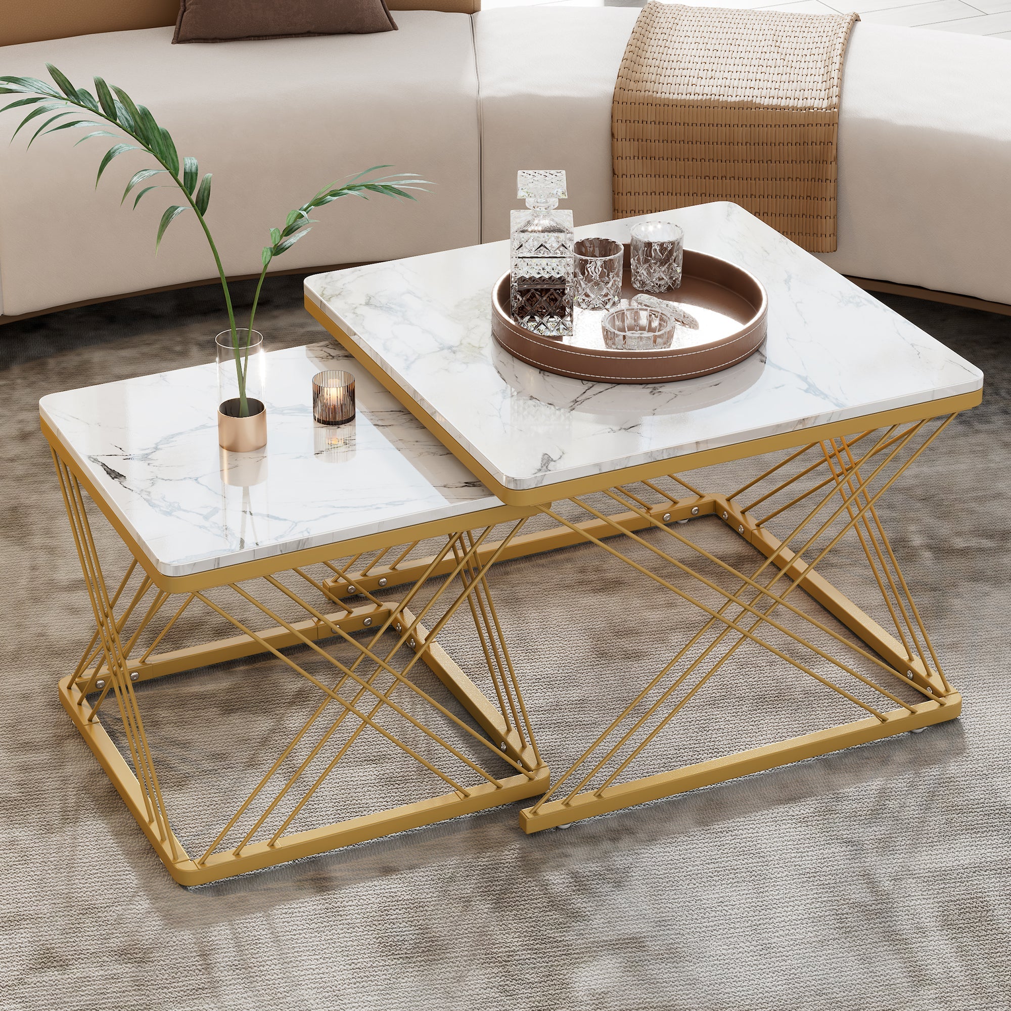 Stylish 2-Piece Coffee Table Set, Square, Adjustable, High-Gloss Marble Look