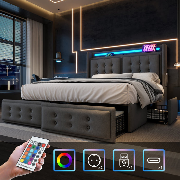 Upholstered Bed, 140x200 Double with LED Headboard, USB C & 4 Drawers, Gray Cotton