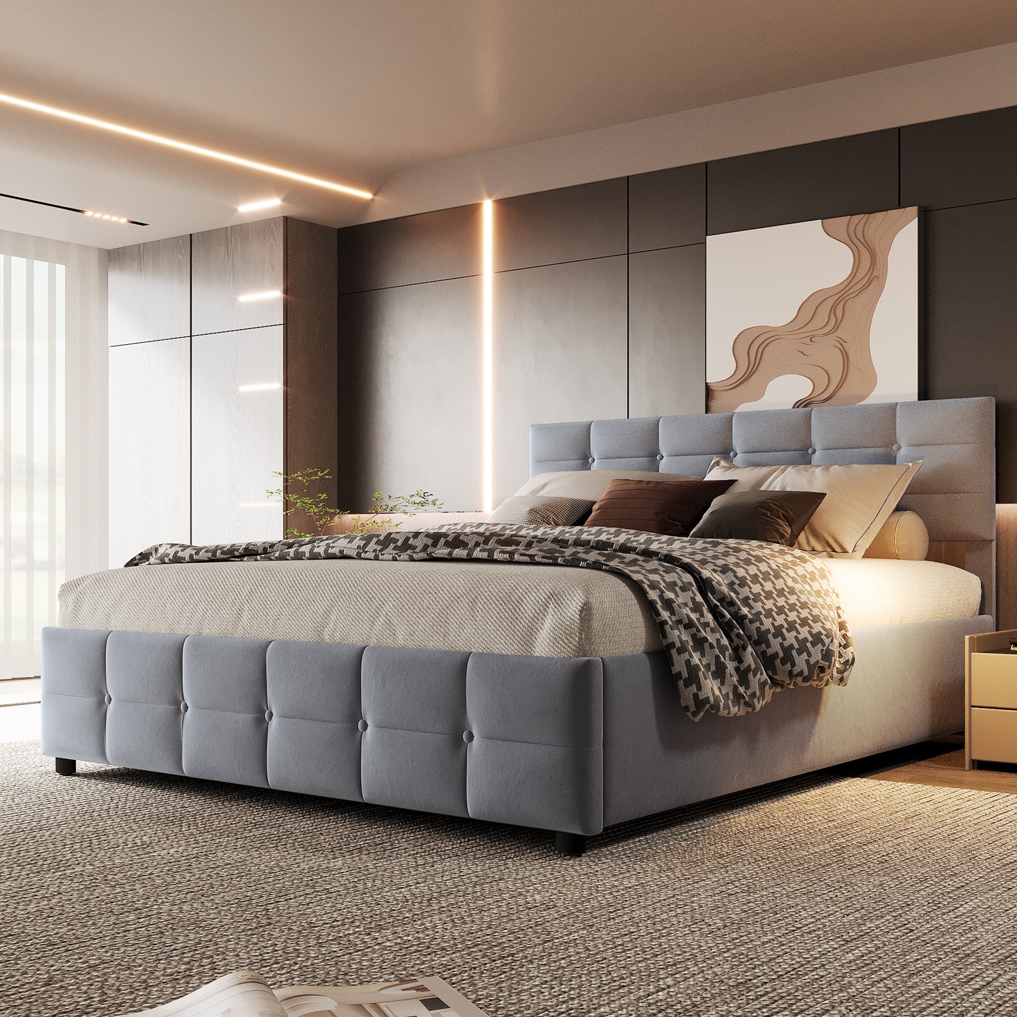 Upholstered Bed, 180*200cm Hydraulic Single with Slatted Frame, Dutch Velvet Grey