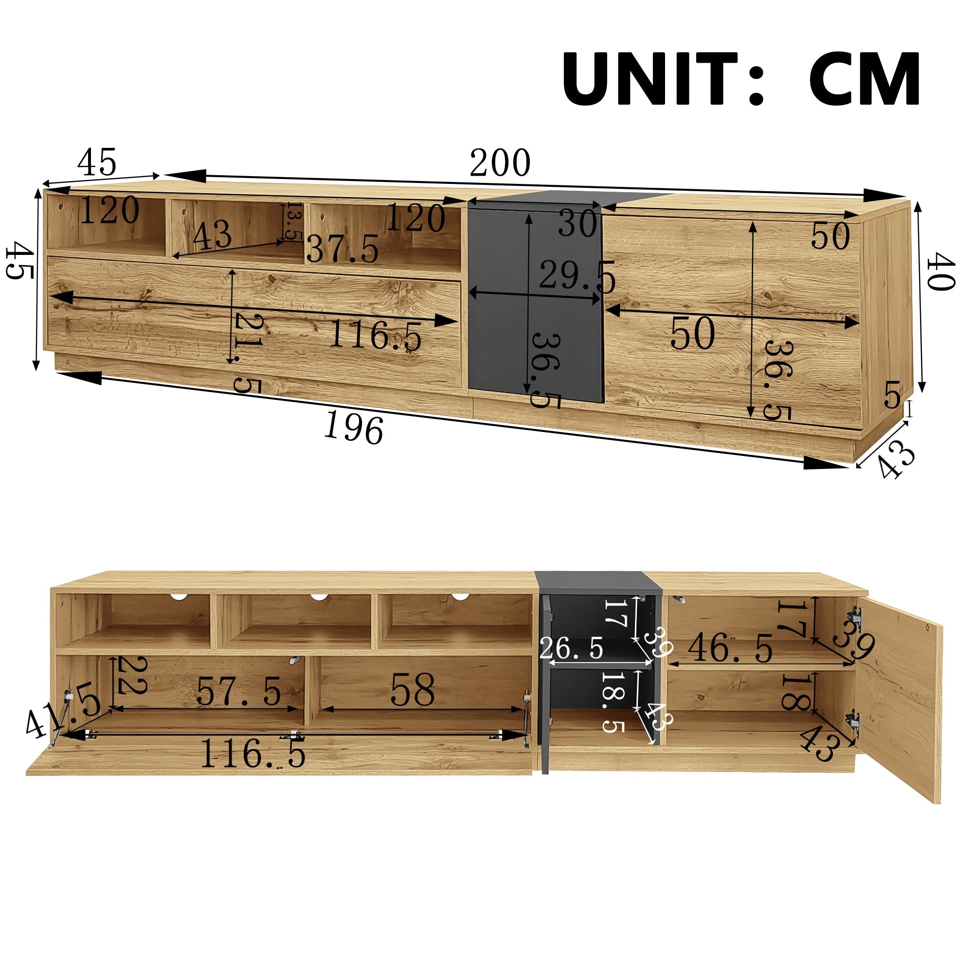TV Stand, Modern Contrasting, 200cm, Black-Gray and Wood
