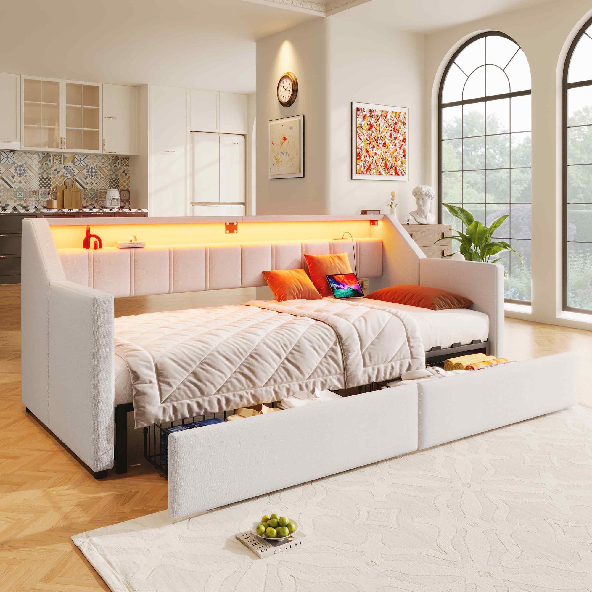 Daybed Sofa Bed 90x200cm Pull-out Bed LED USB/Type-C 2 Drawers Storage - Beige