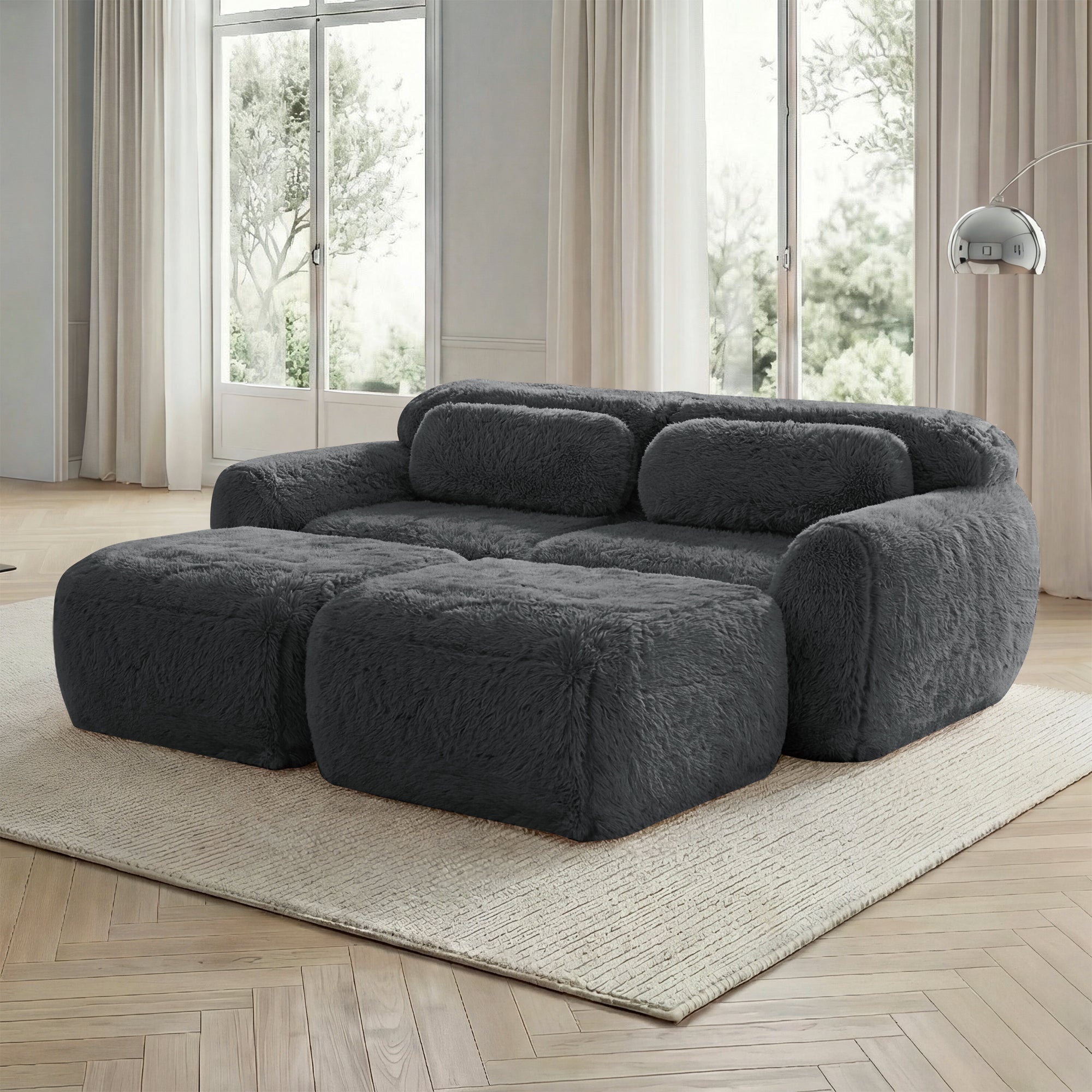 Boneless Cloud Modular Sleeper Sofa 2 Ottomans Plush Fabric - Grey