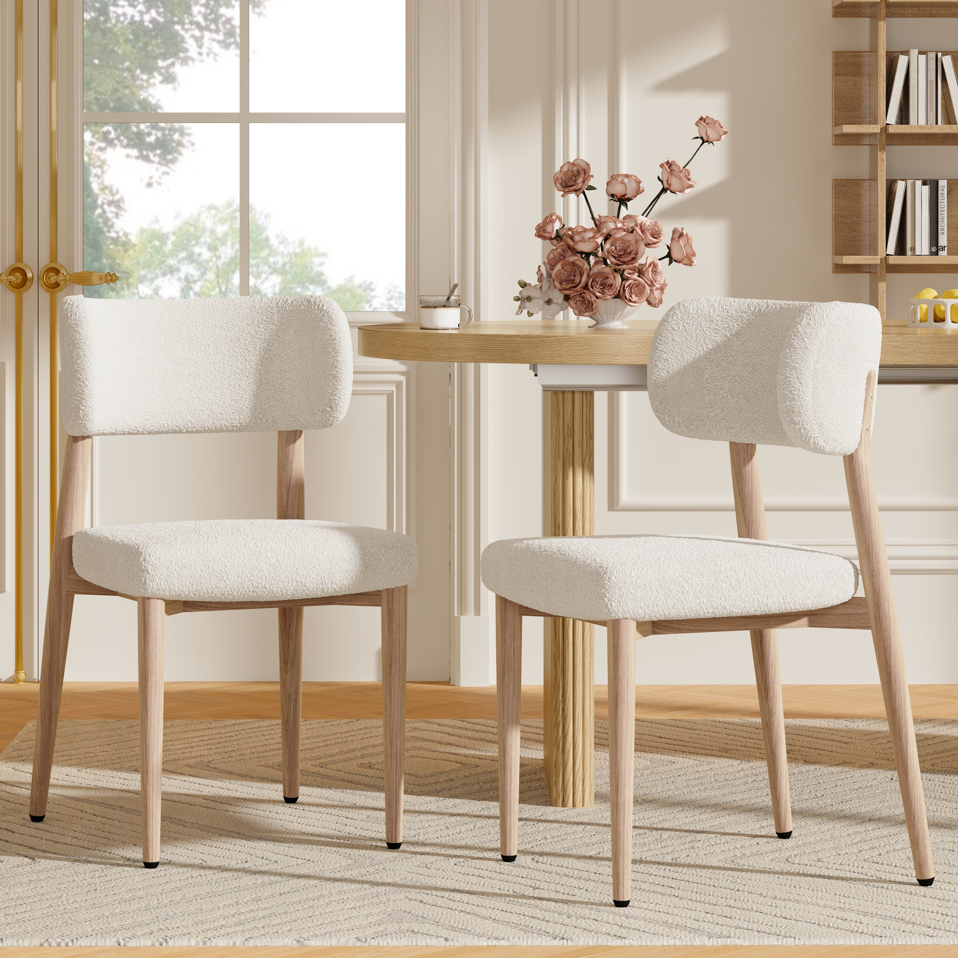 Set of 6 Dining Chairs with Wood-Look Metal Legs and Bouclé, Natural Color