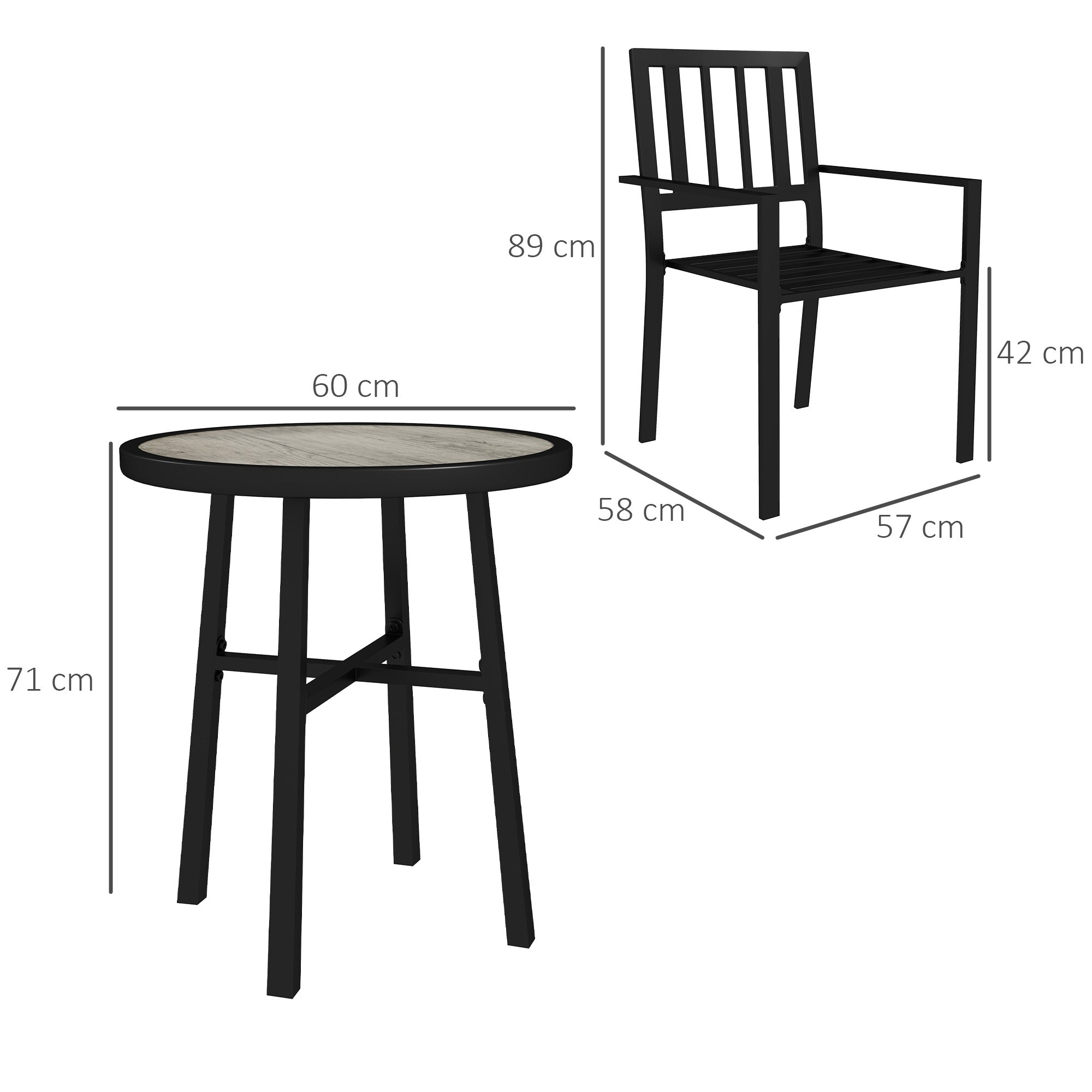 3 Piece Patio Bistro Set, 2 Stackable Chairs, Plastic Top, Galvanised Steel Frame, Grey