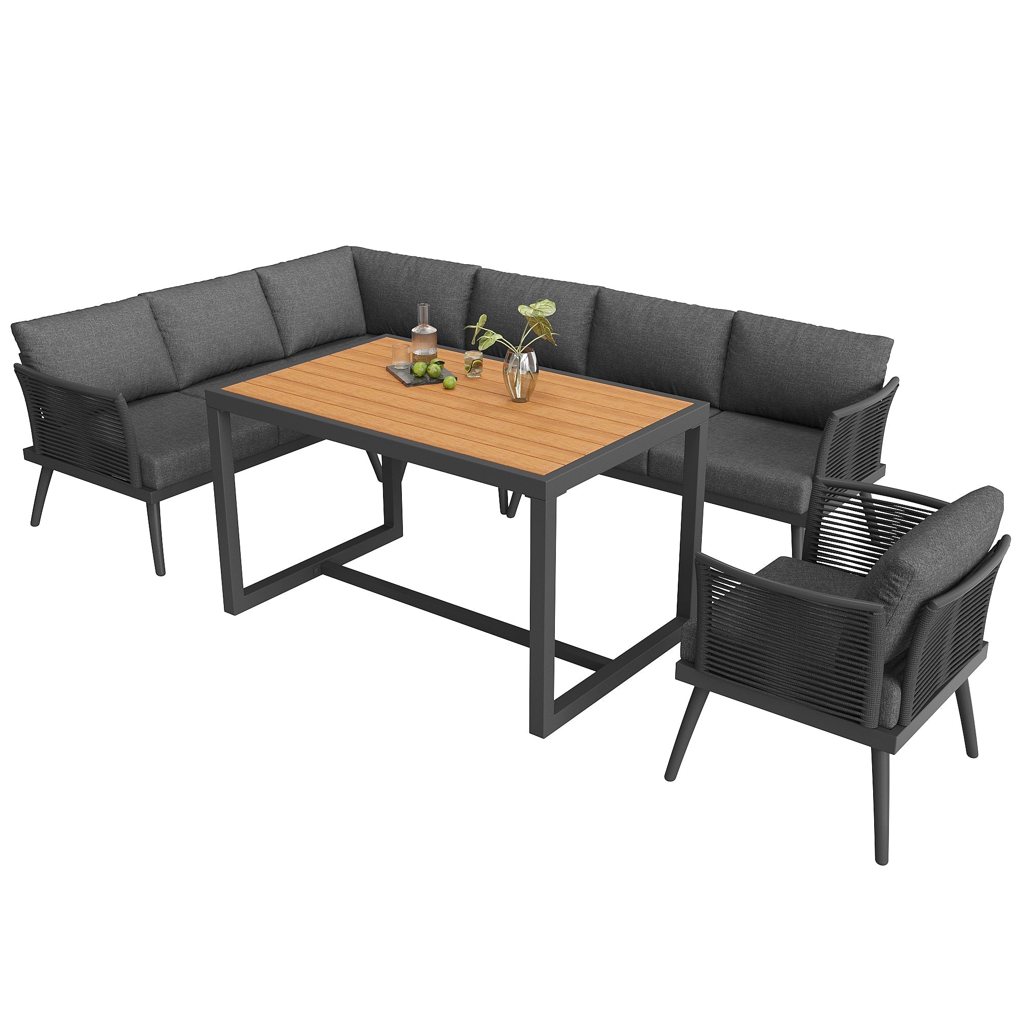 Seven-Seater L-Shaped Garden Sofa Set with Coffee Table and Armchair, Iron and Wood, Grey/Beige