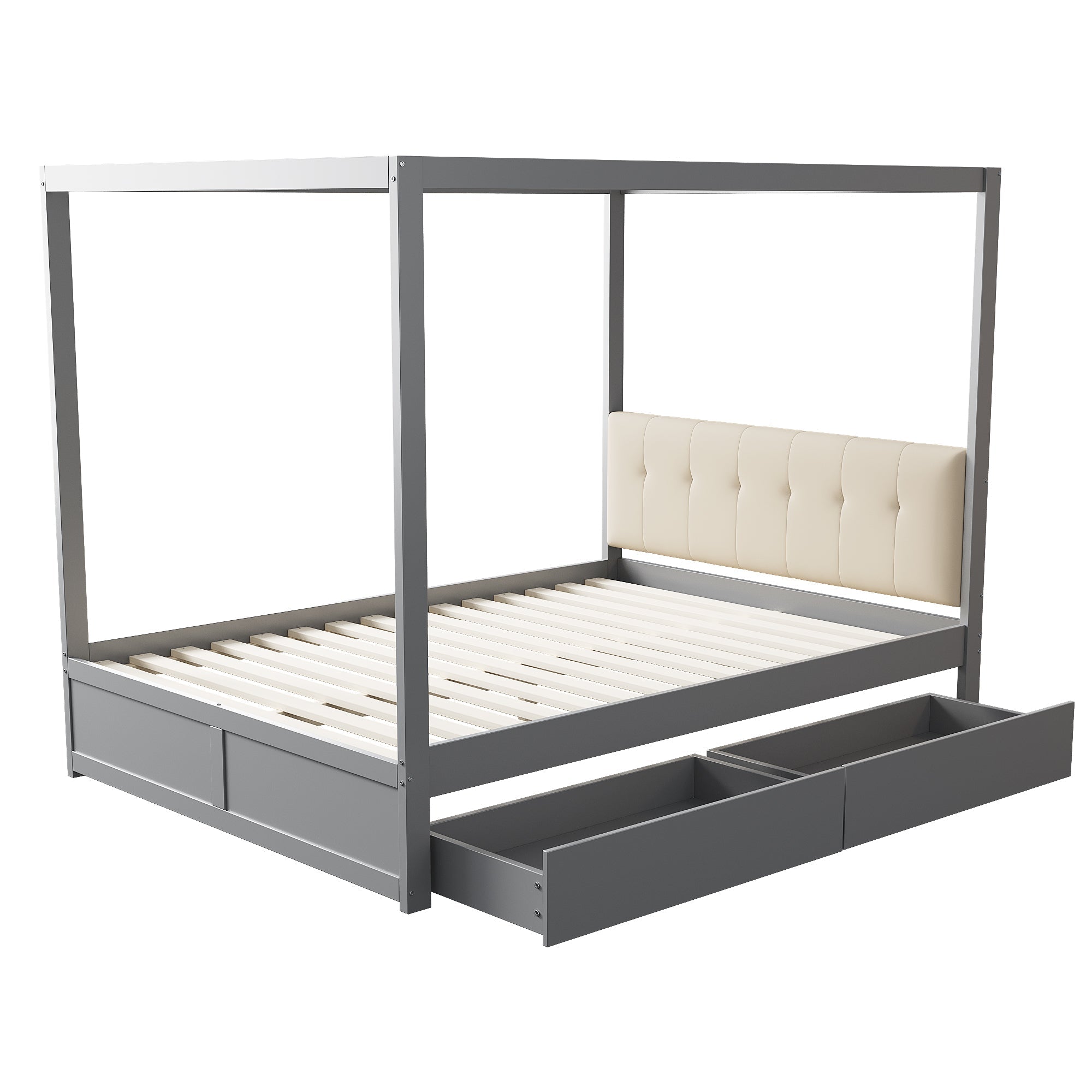 Canopy Bed 140x200cm Large Drawers Soft Headboard, Wooden Grey