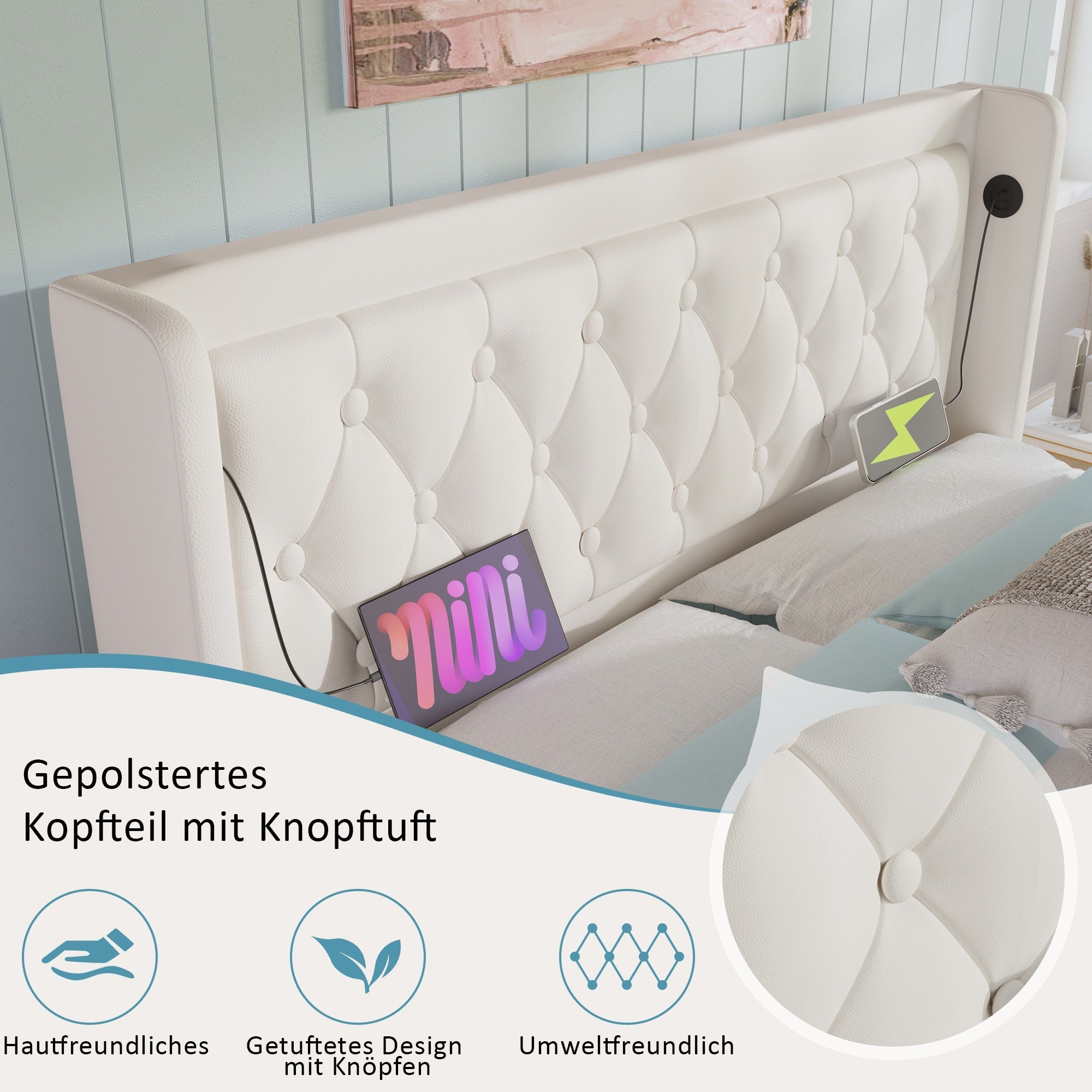 Upholstered Double Bed, 140*200cm Hydraulic Storage with LED & USB, White PU