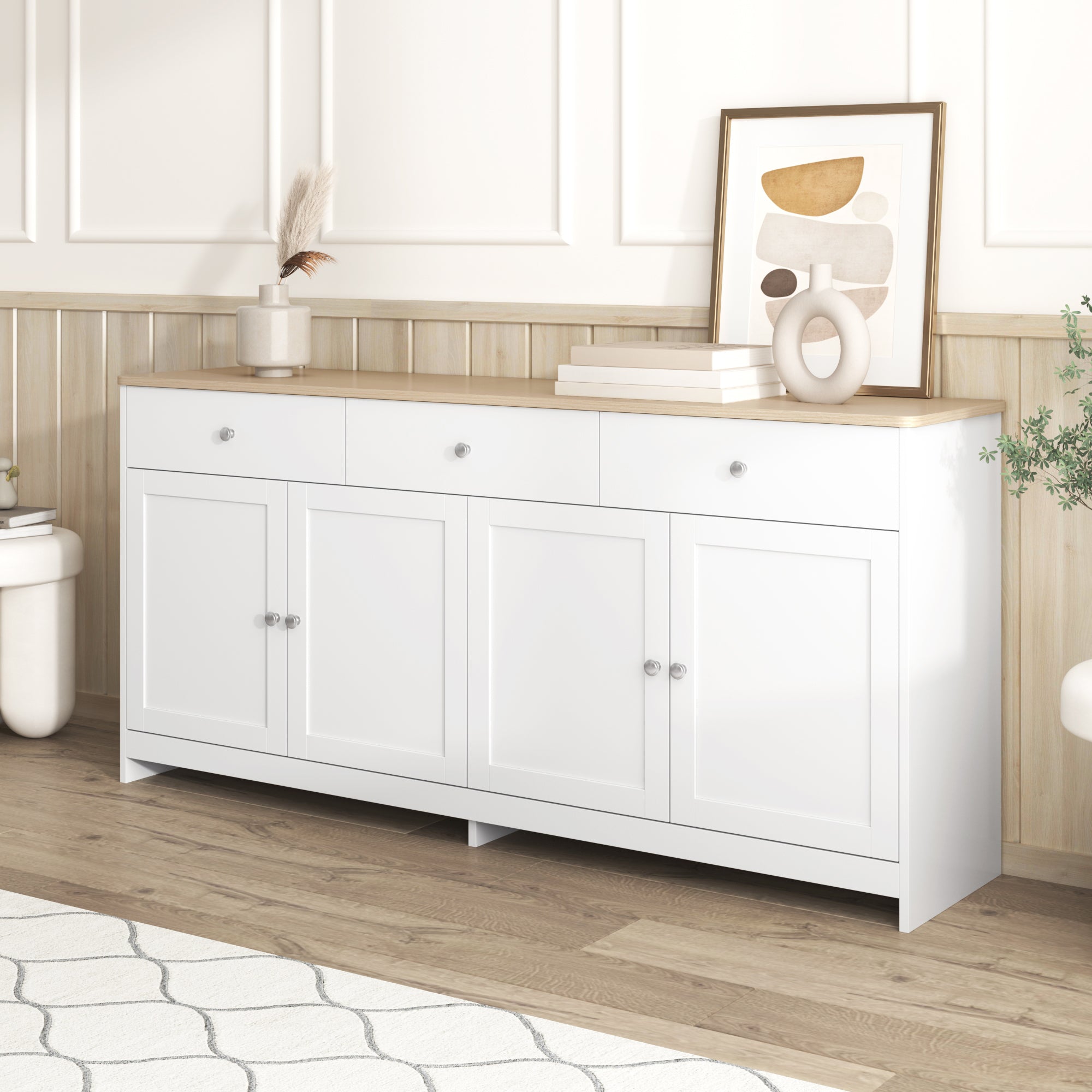 Sideboard Buffet Cabinet with 4 Doors and 3 Drawers, White Wood Grain and Natural Wood Color