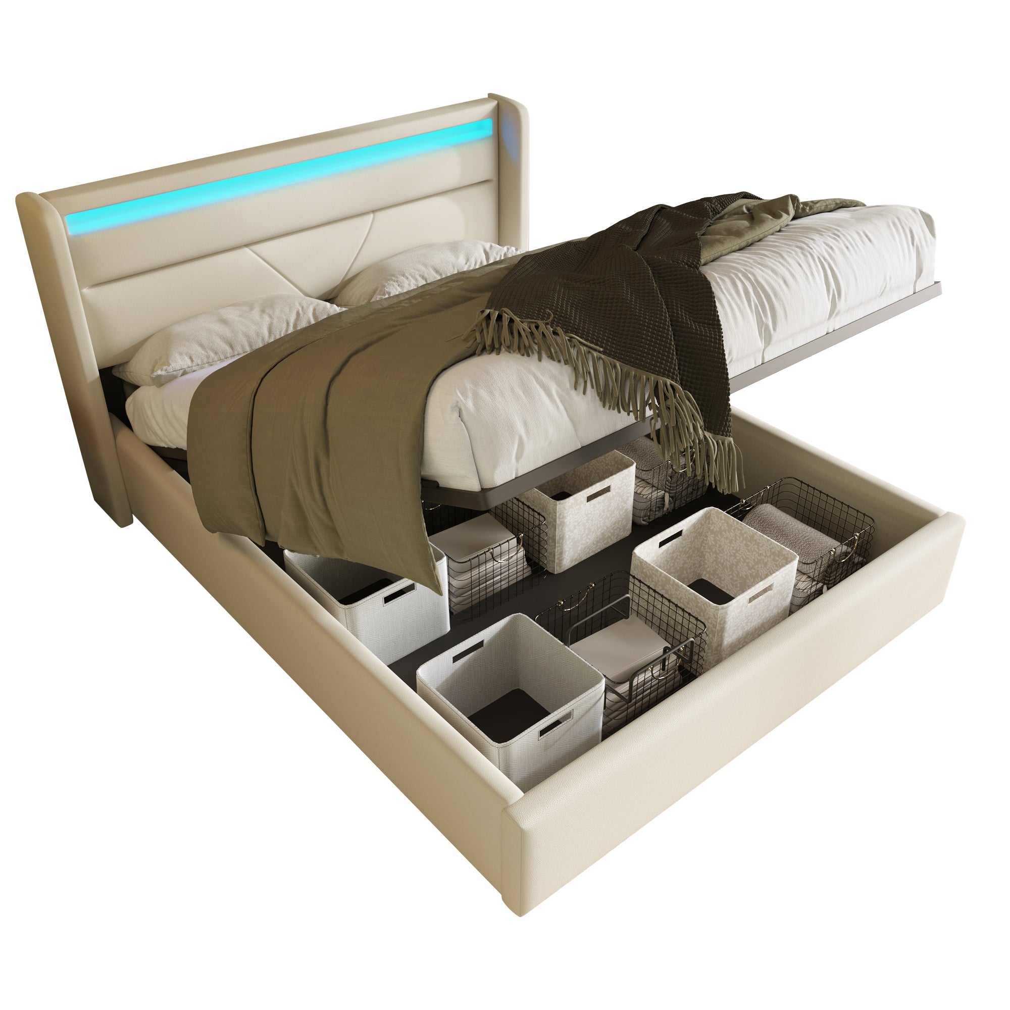 Hydraulic Storage Bed, LED Lighting, 140x200cm, White