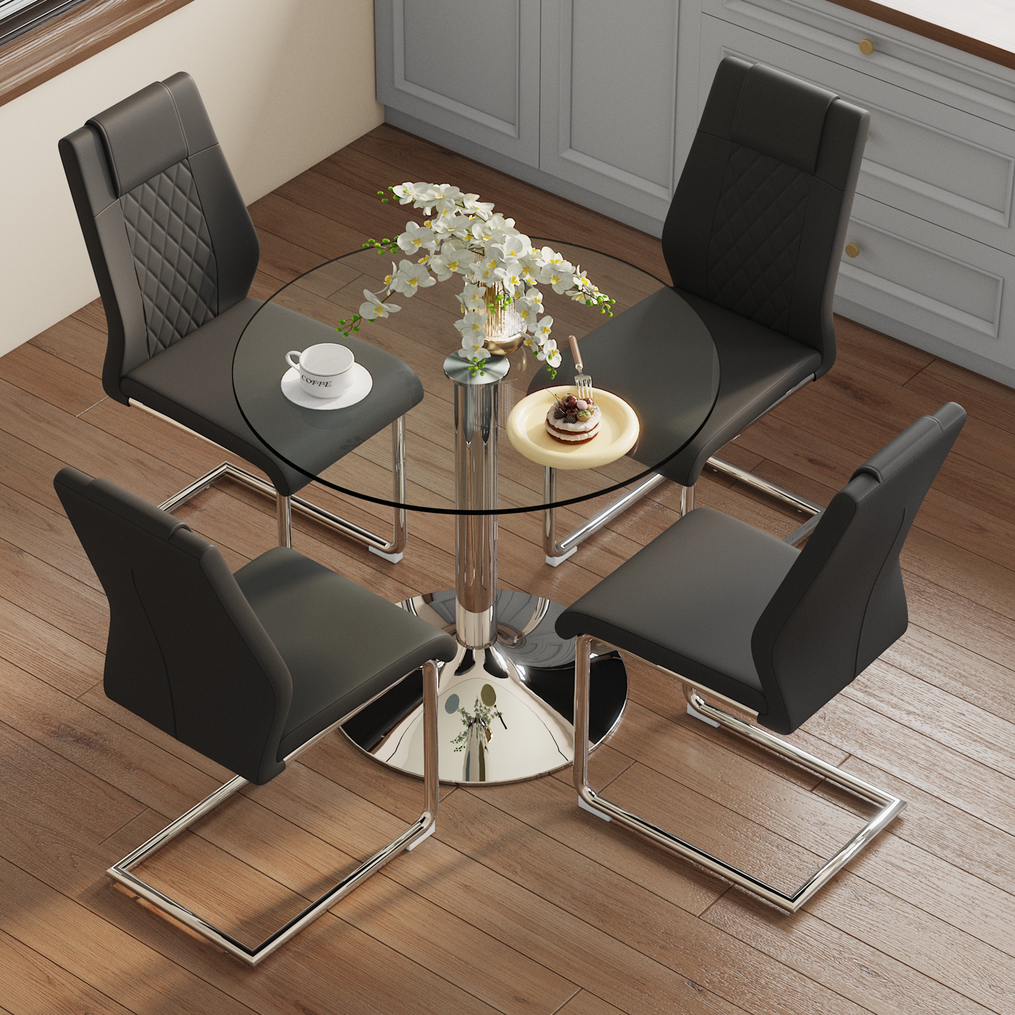 Dining Table Set 85cm Tempered Glass Table 4 Chairs - Black PU Silver Legs