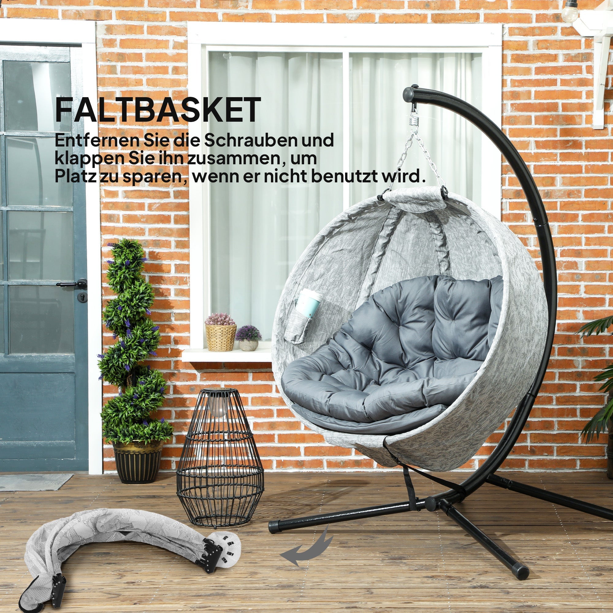 Eiförmiger Outdoor-Hängesessel, klappbare Schaukel mit Getränkehalter, Grau