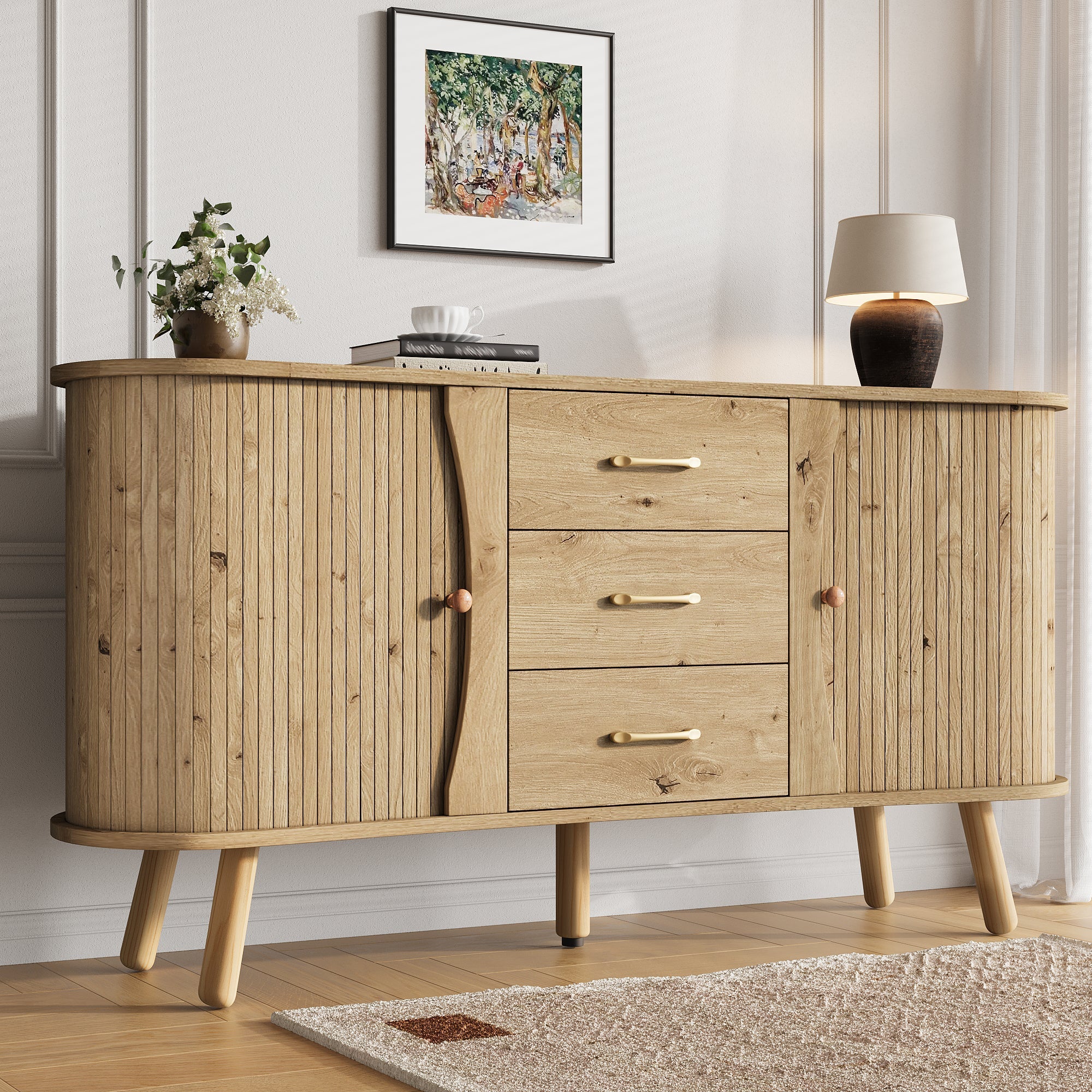 Pea-Shaped Sideboard with 2 Sliding Doors and 3 Drawers, Scandinavian Style with Solid Wood Legs, Wood Look MDF