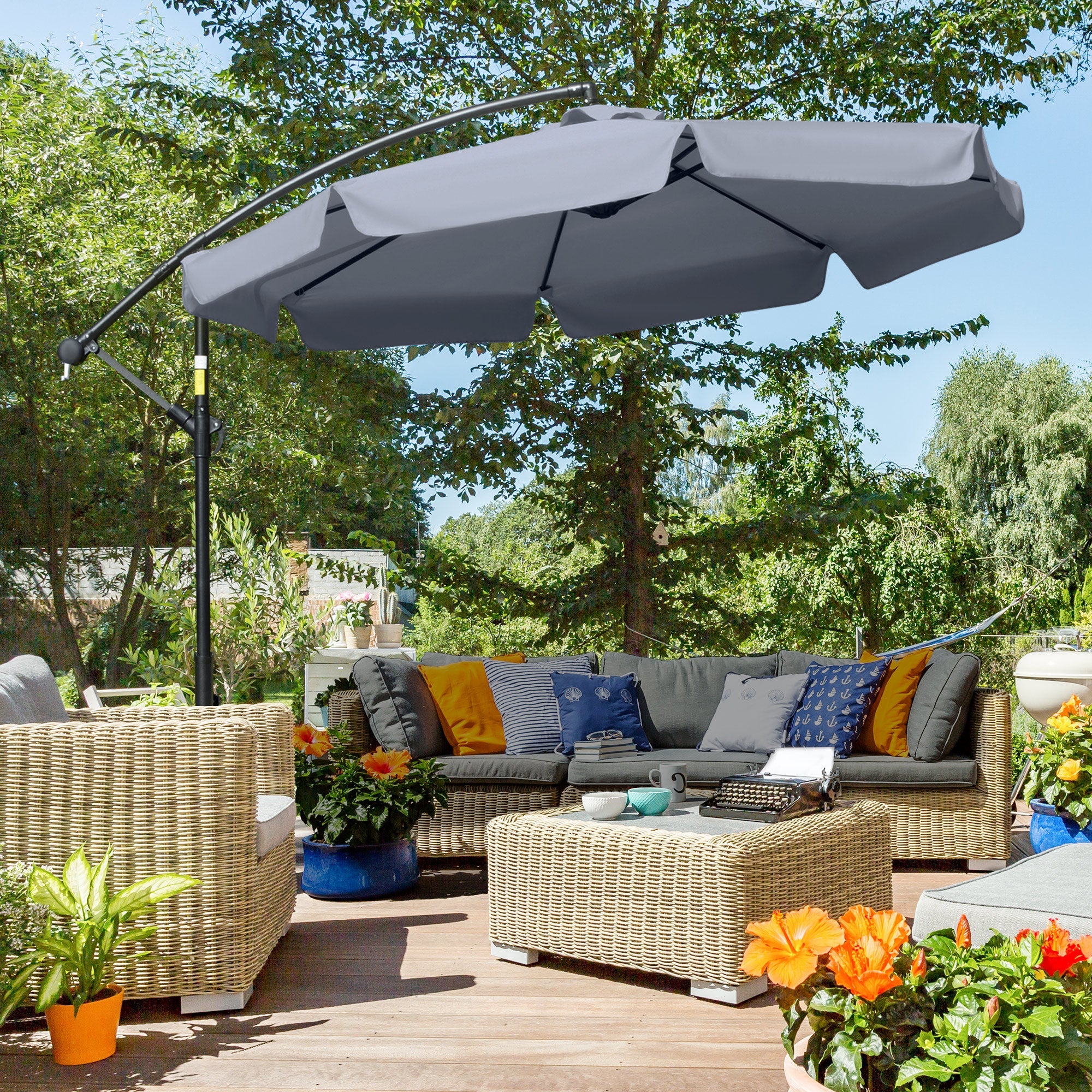 2.7m Garden Banana Parasol Cantilever Umbrella with Crank Handle, Cross Base, Dark Grey
