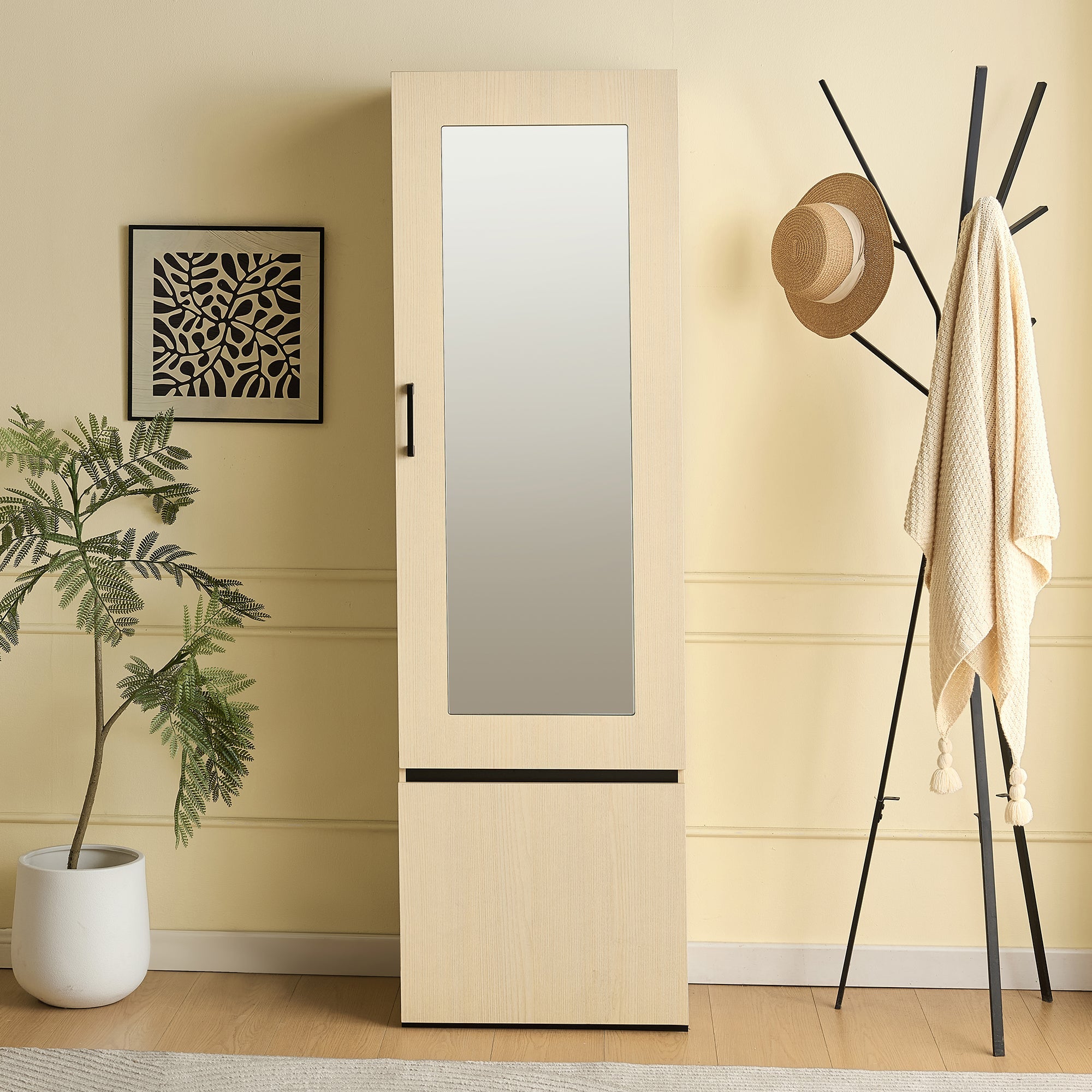Wardrobe Narrow, Mirror & Pull-Out Rail, Space-Saving MDF