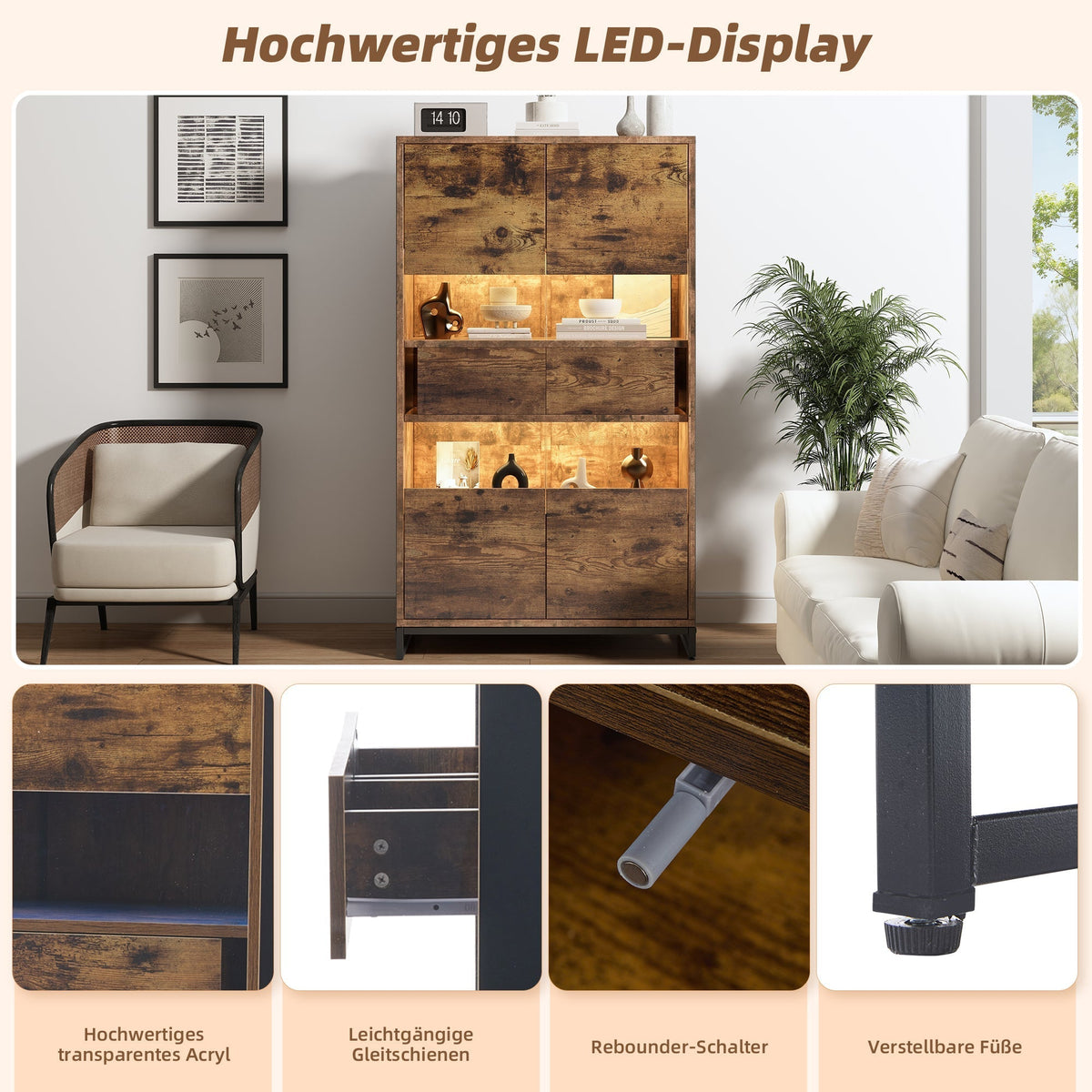 Display Cabinet LED Lighting Storage 2 Drawers Highboard, Black + Wood Grain