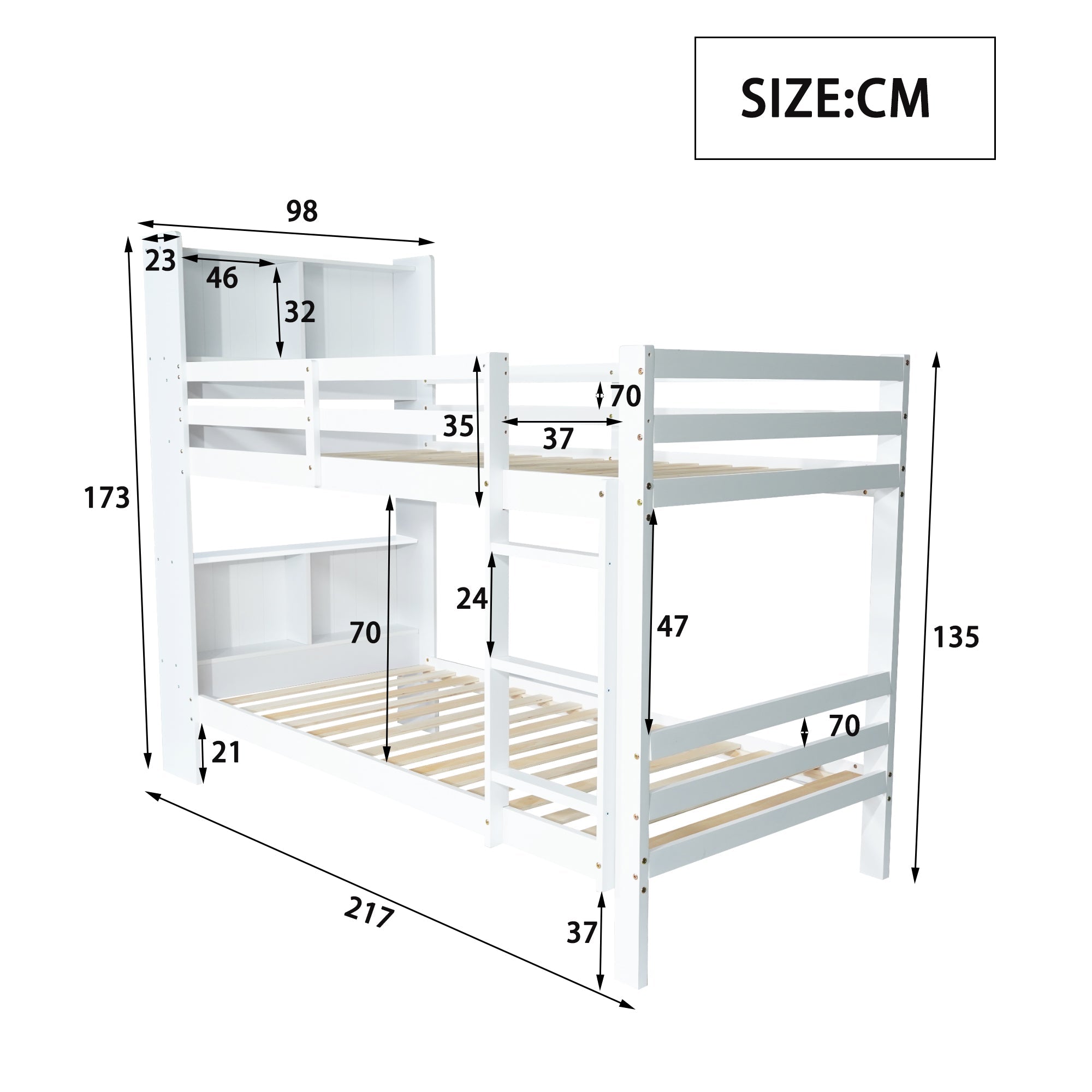 Bunk Bed with Shelves, Ladder & Storage, Solid Wood, White