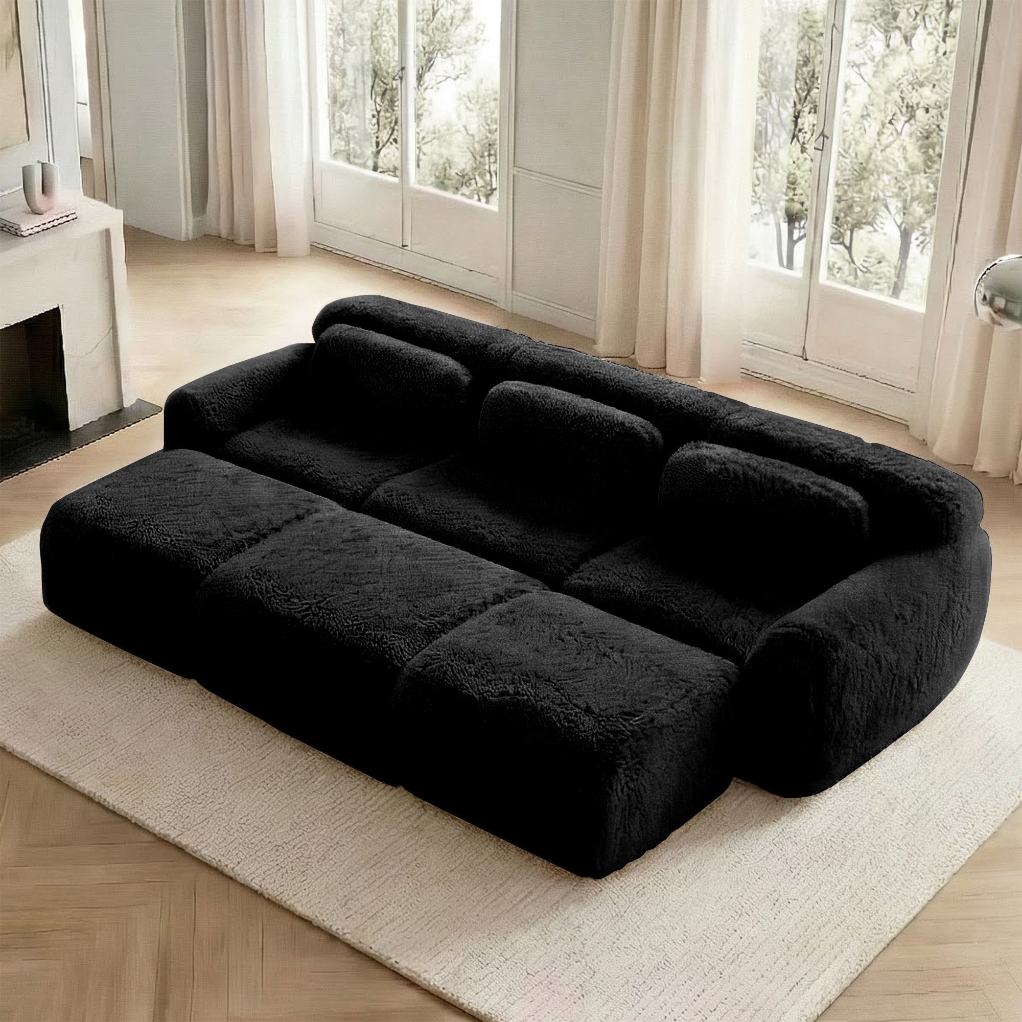 Boneless Cloud Sofas Modular 3-Seater Sleeper Sofa with 3 Ottomans Black Soft Plush Fabric