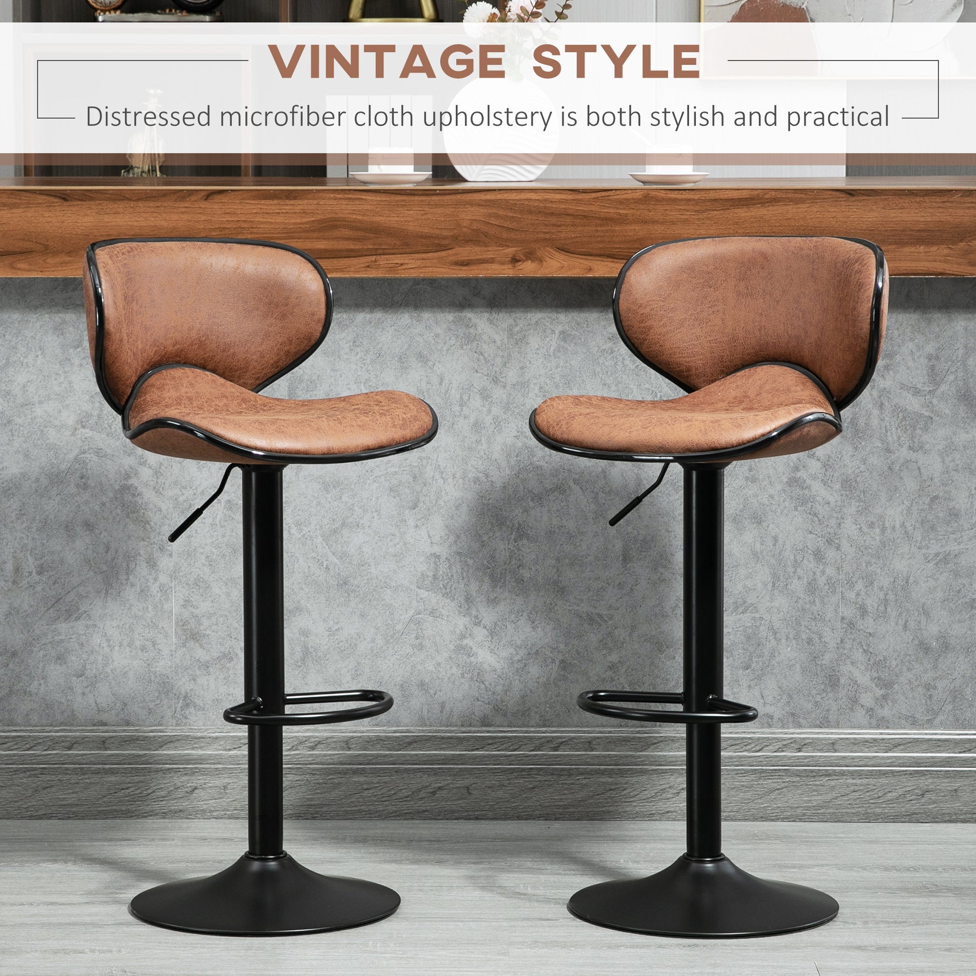 Bar Stool Set of 2, Adjustable Height Armless with Swivel Seat, Microfiber Cloth, Brown