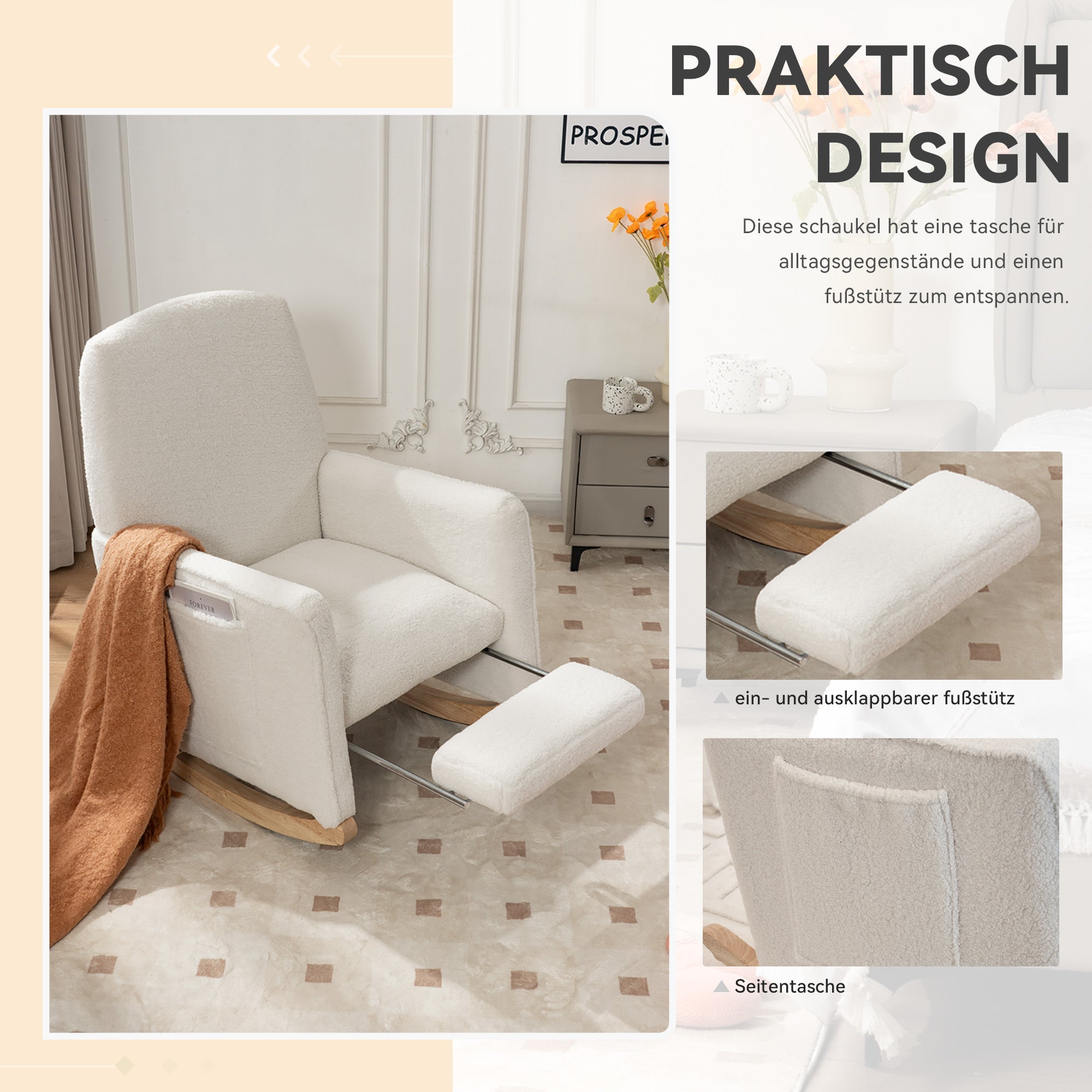 044 Rocking Chair with Stool, Recliner, High Back, White Teddy Fabric