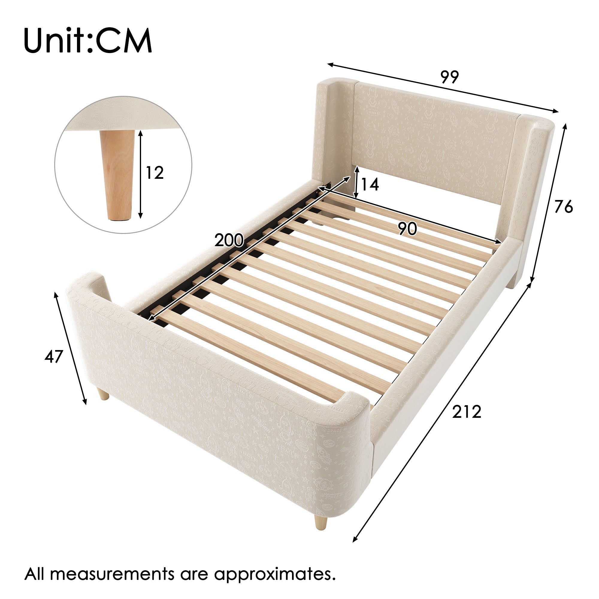 Upholstered Children's Bed, Single Sleigh with Cosmic Pattern, Beige Velvet