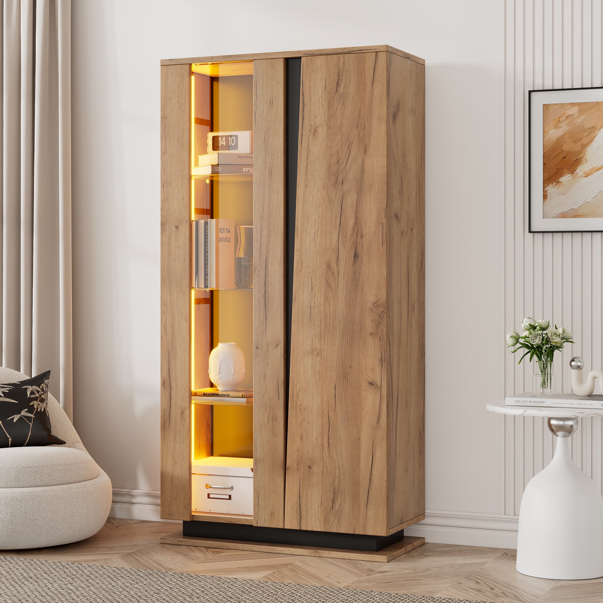 Display Cabinet 80x35x160cm 8 Shelves Glass Dividers Narrow Freestanding Acrylic Wood Color