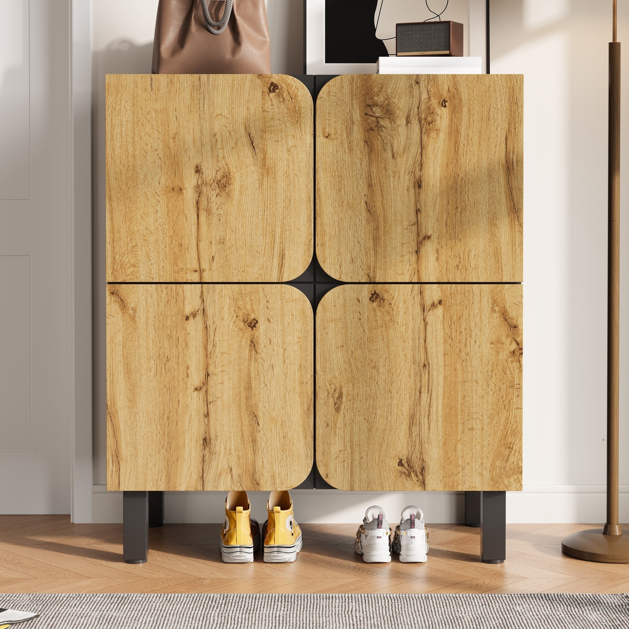 Shoe Cabinet 4 Doors Adjustable Shelves Curved Doors Black